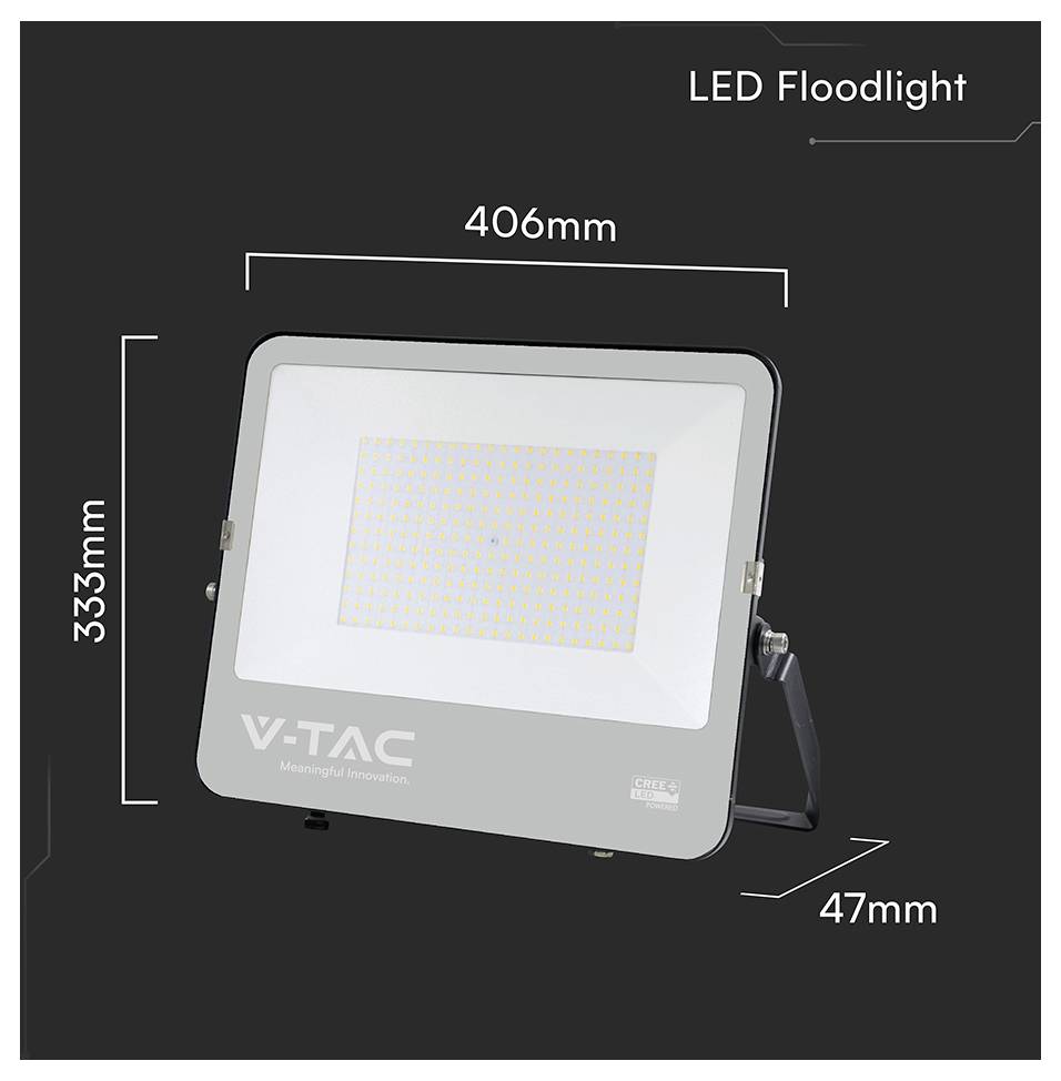 LED-Flutlicht mit beschrifteten Abmessungen: Breite 406 mm, Höhe 333 mm, Tiefe 47 mm. Frontale Ansicht mit Markenname 'V-TAC'.