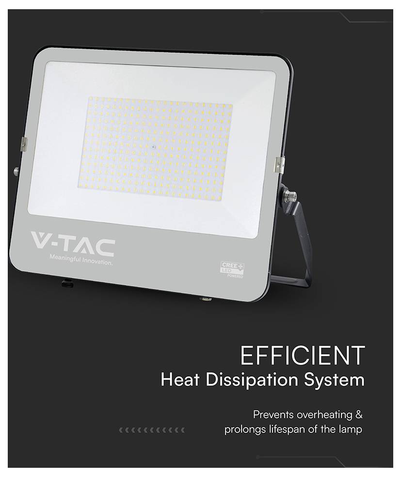LED-Flutlicht mit 'Effizientem Wärmeableitungssystem', entwickelt, um Überhitzung zu verhindern und die Lebensdauer der Lampe zu verlängern.