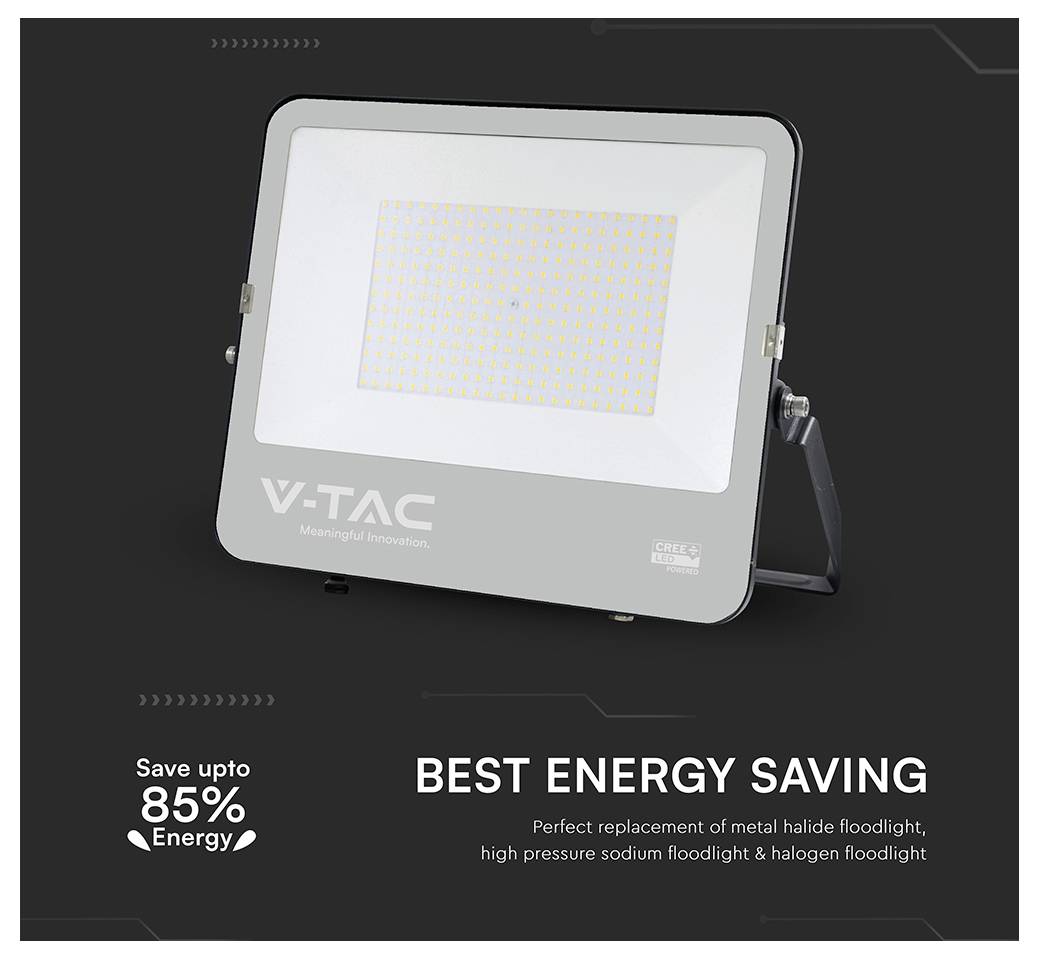 LED-Flutlicht mit 'V-TAC' Markenlogo, das als energiesparend dargestellt wird, mit dem Versprechen 