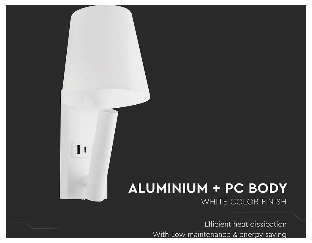 An der Wand befestigte, weiße Lampe mit einem konischen Lampenschirm und USB-Anschluss, gekennzeichnet als 'ALUMINIUMKÖRPER + PC IN WEISSER FARBE', mit Betonung auf Effizienz und Energieeinsparung.