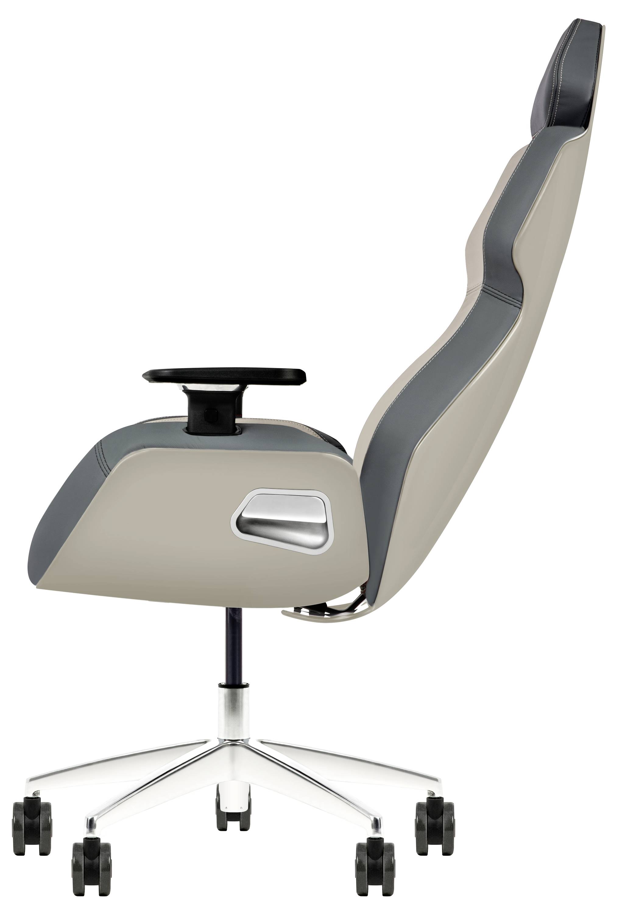 Ein moderner Bürostuhl in Beige und Grau, ausgestattet mit verstellbaren Armlehnen und einer hohen Rückenlehne, konzipiert für ergonomischen Komfort und Stil.