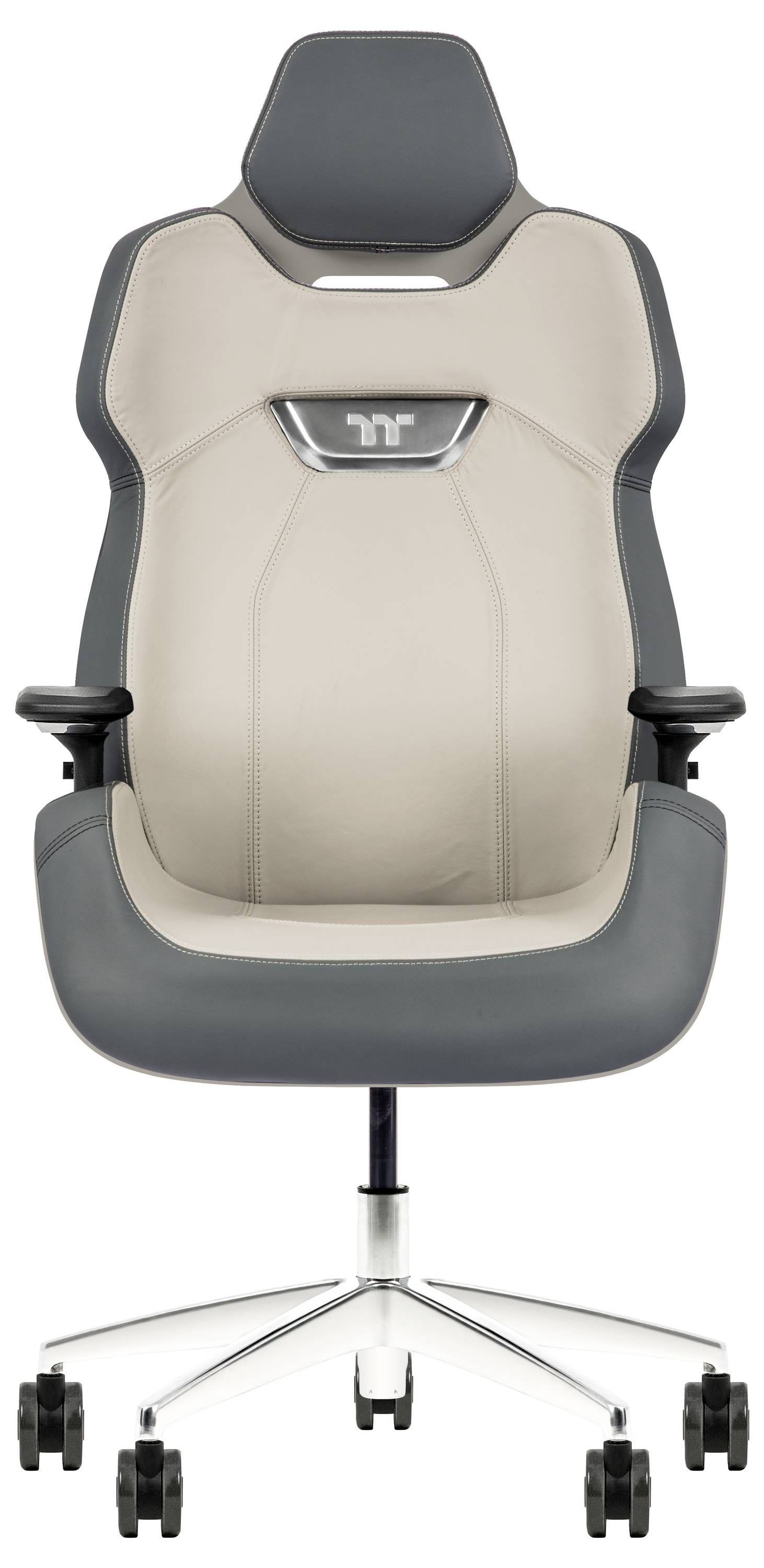 Ein moderner ergonomischer Bürostuhl mit hoher Rückenlehne, grau-beiger Polsterung, verstellbaren Armlehnen und einer Fünf-Rollen-Basis.