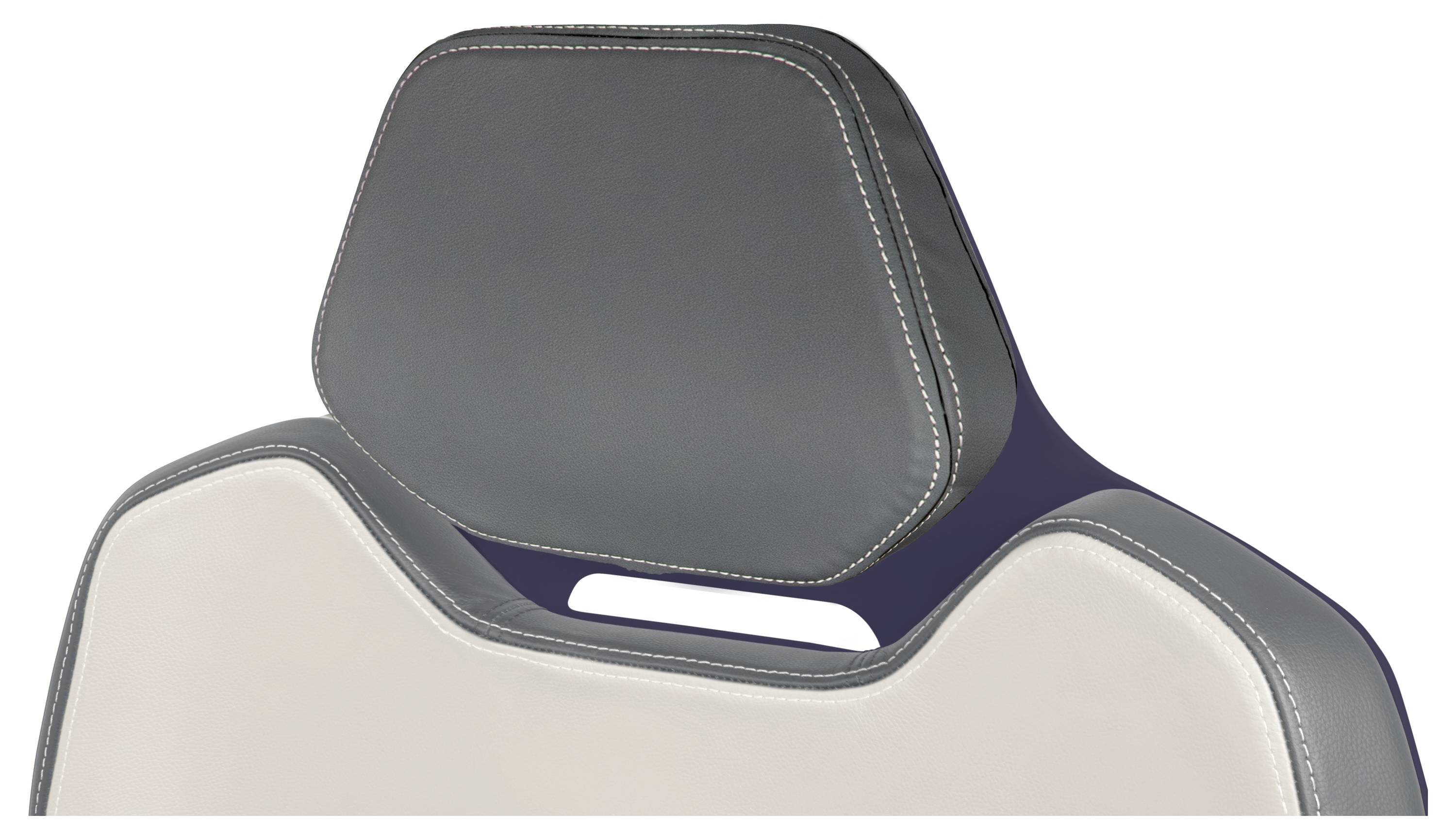 Eine Kopfstütze eines Autositzes mit detaillierter Nahtführung, die ein modernes Design zeigt und den oberen Bereich mit dunkler und heller Polsterung präsentiert.
