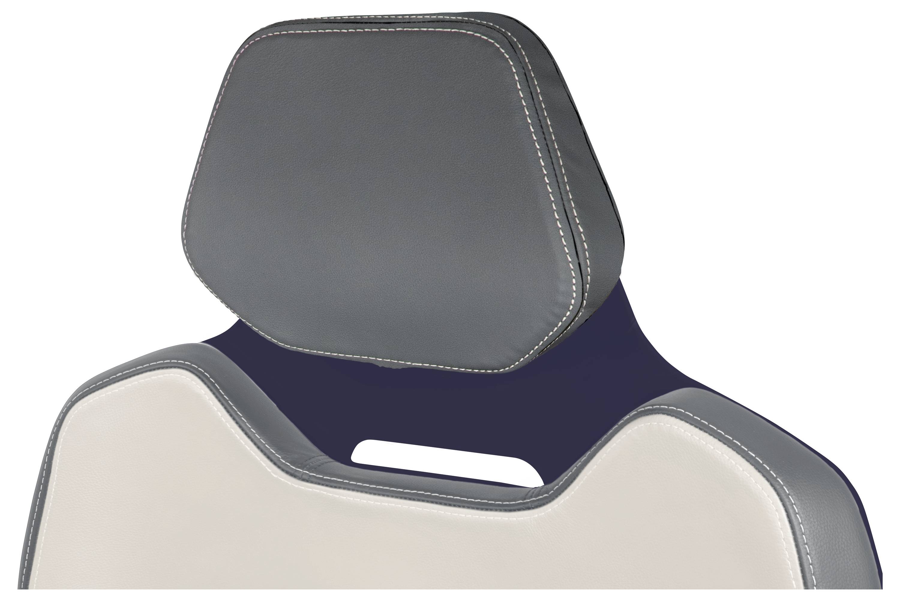 Autositz, der die Kopfstütze und den oberen Rückenbereich zeigt, mit grauer Polsterung und sichtbaren Steppnähten, die Komfort und Stil andeuten.