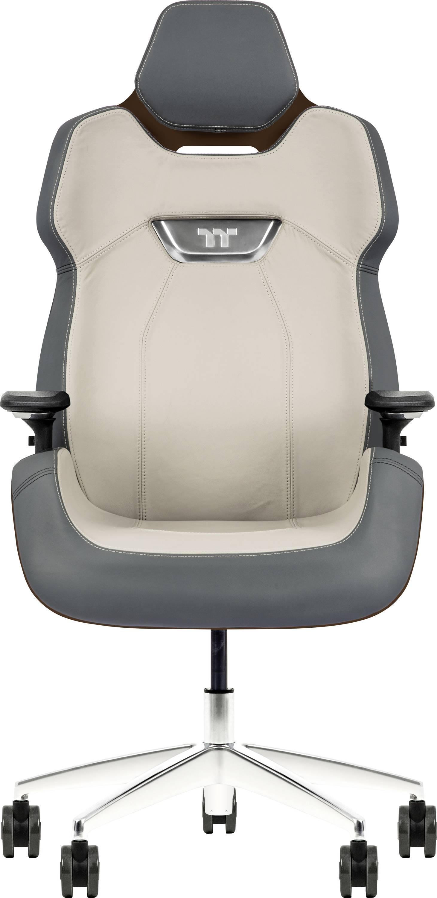 Ein moderner ergonomischer Bürostuhl mit hoher Rückenlehne, ausgestattet mit grau-beigefarbener Polsterung, verstellbaren Armlehnen und einer verchromten Drehbasis.