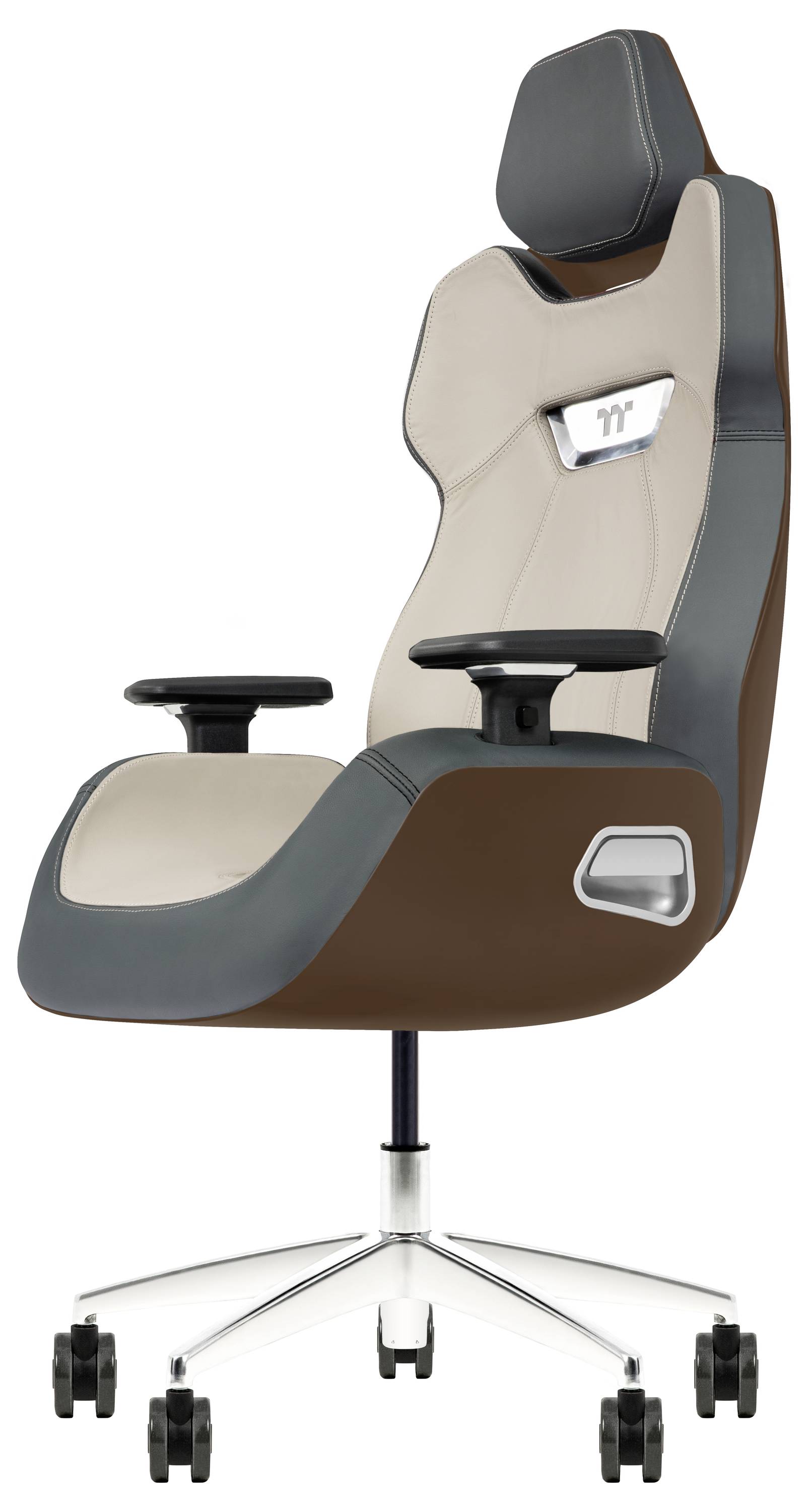 Ein moderner ergonomischer Bürostuhl mit hoher Rückenlehne, gepolsterten Armlehnen und einem eleganten Grau-Braun-Design auf einem Rollen-Untergestell.