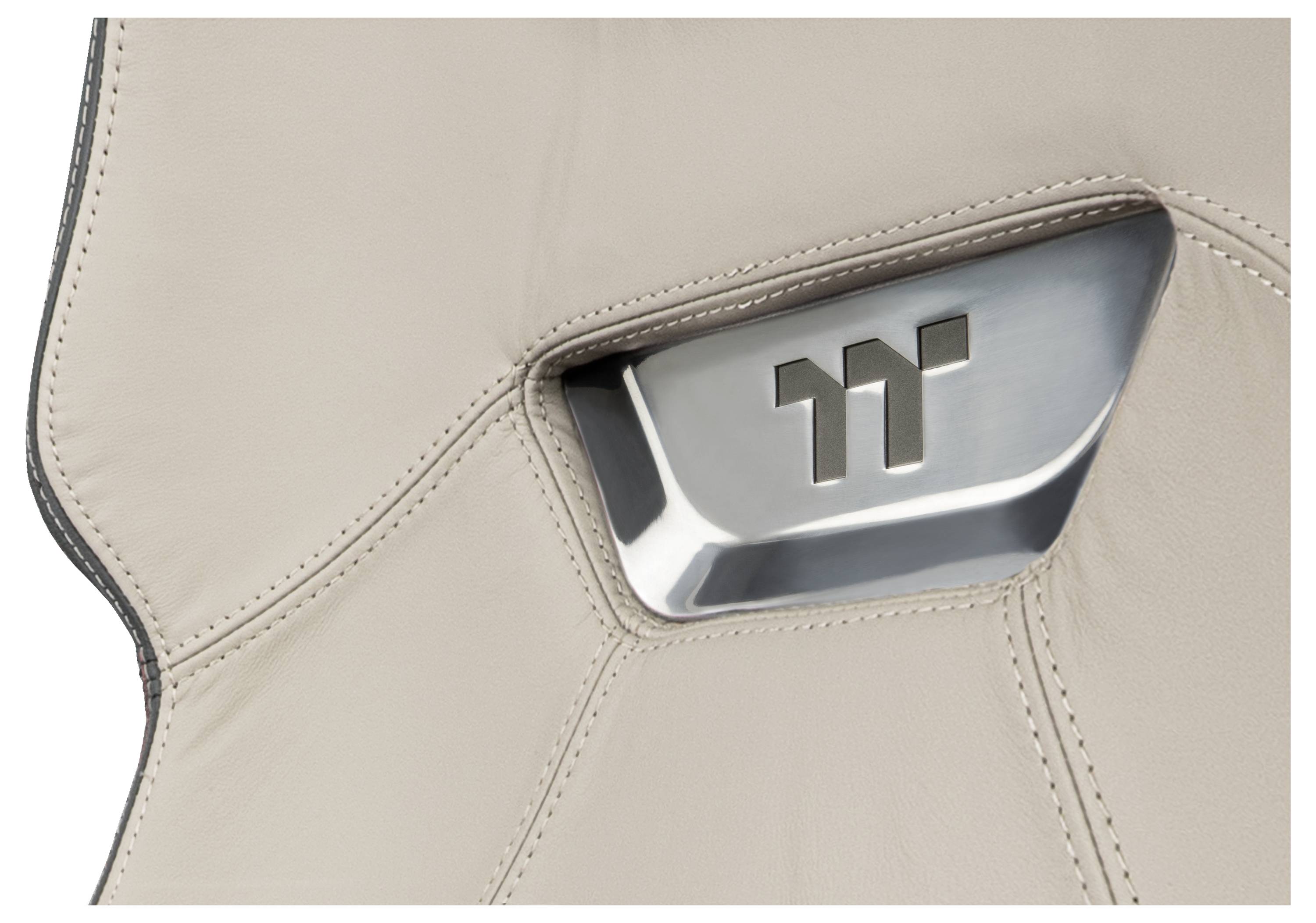 Das Bild zeigt eine Nahaufnahme eines beigen Ledersitzes mit einer integrierten Metalldetail, das die Initialen 'TT' trägt.