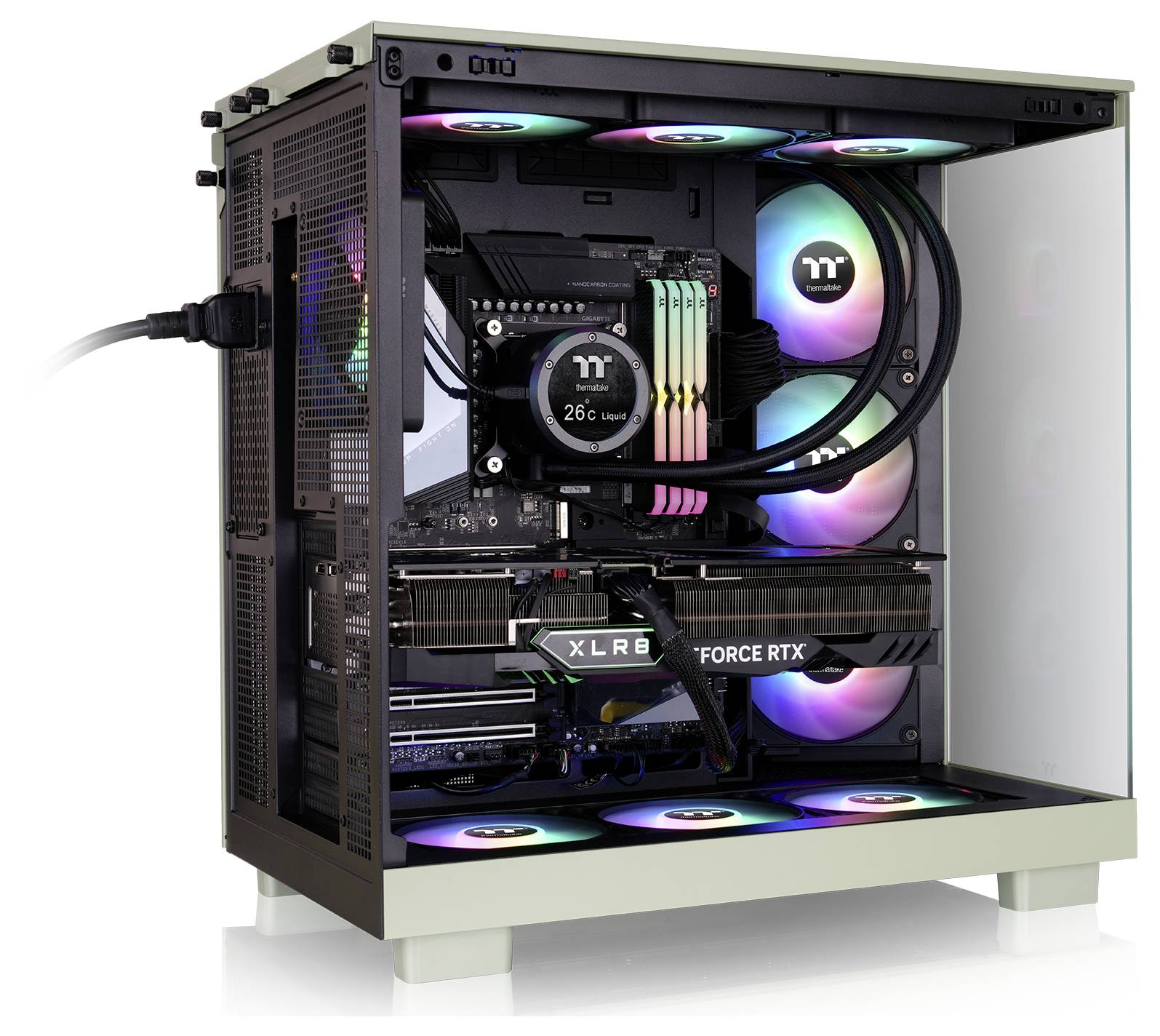 Ein Gaming-PC mit offenem Gehäuse, das bunt beleuchtete RGB-Lüfter und Komponenten zeigt.
