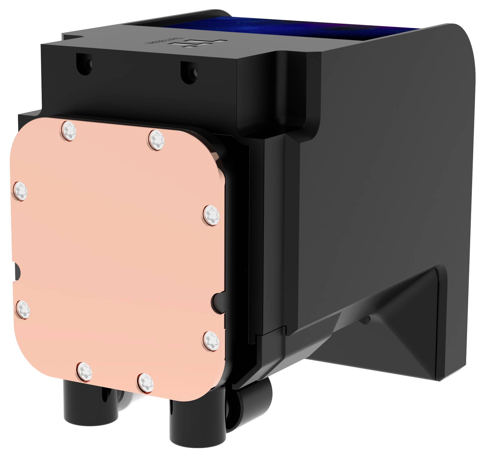 Ein schwarzes rechteckiges elektronisches Gerät mit einer pinkfarbenen Kupferplatte an der Vorderseite, versehen mit Schrauben an den Ecken, wahrscheinlich zur Verwendung in Kühlsystemen.