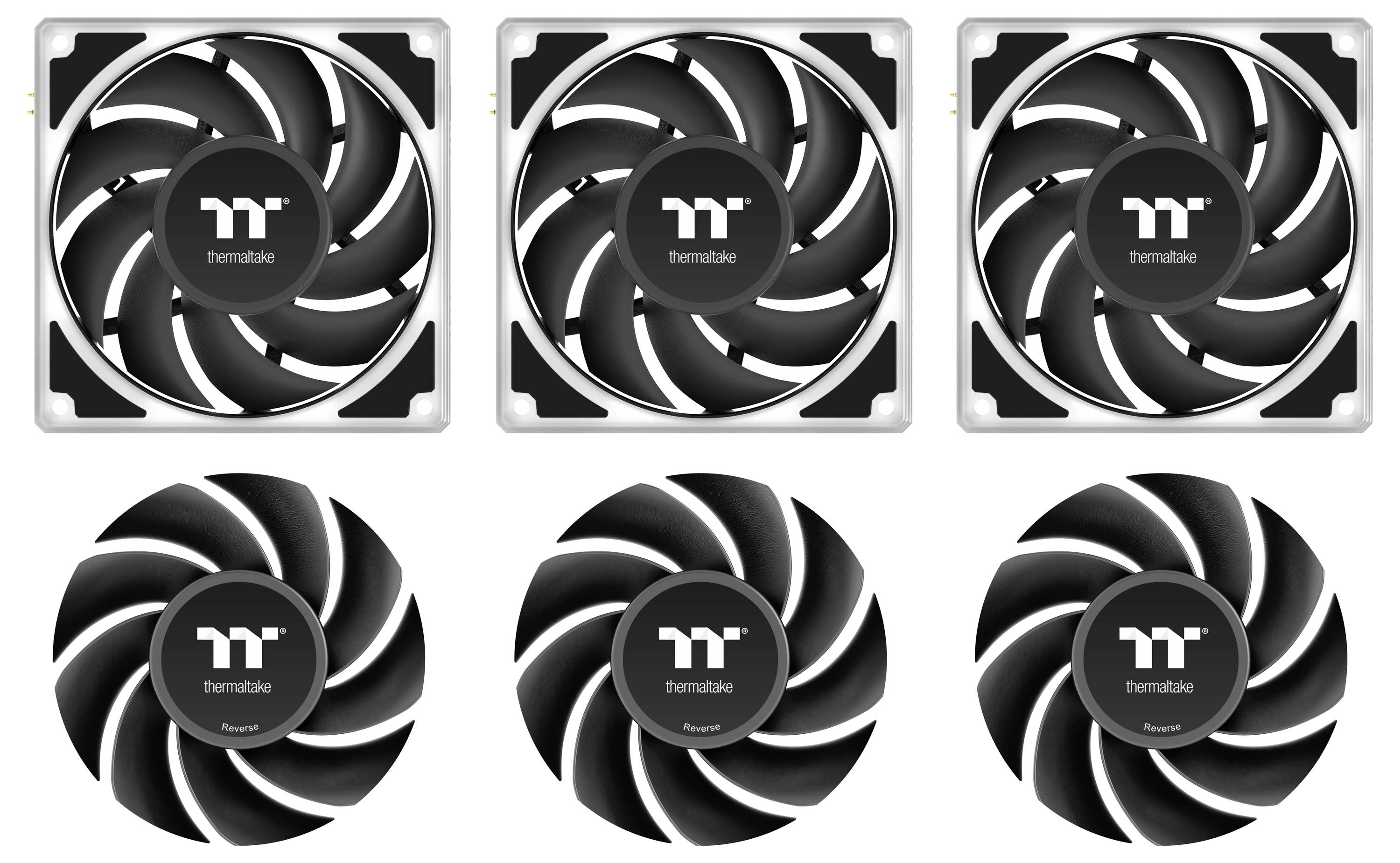 Drei identische schwarze Computerlüfter von Thermaltake, aus verschiedenen Blickwinkeln gezeigt, mit gekrümmten Klingen für effiziente Luftzirkulation.