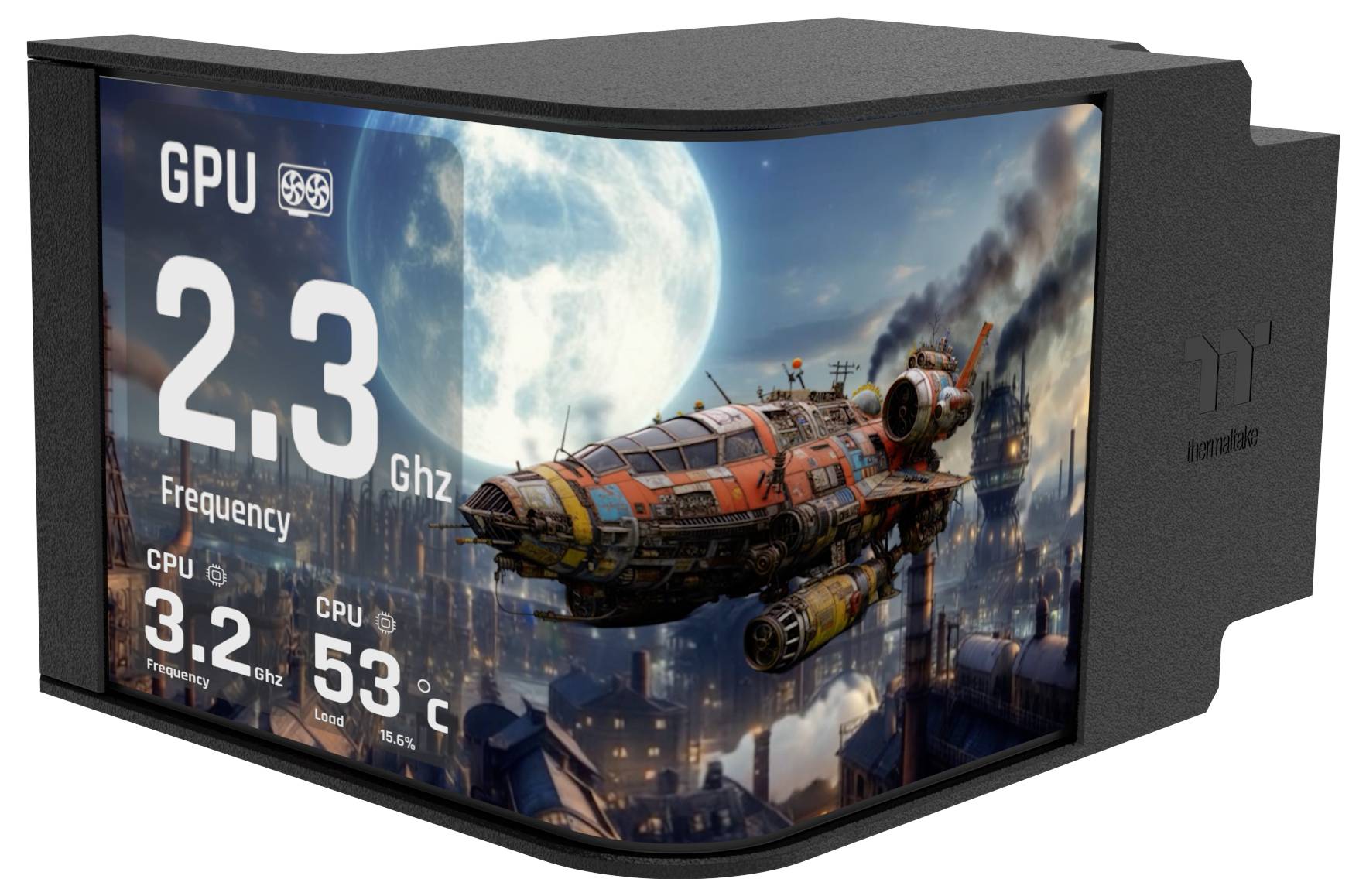 Ein futuristisches Raumschiff fliegt bei Nacht über eine Stadt unter einem großen Mond. Eingeblendete Anzeige zeigt 'GPU 2,3 GHz', 'CPU 3,2 GHz', 'CPU 53°C'.