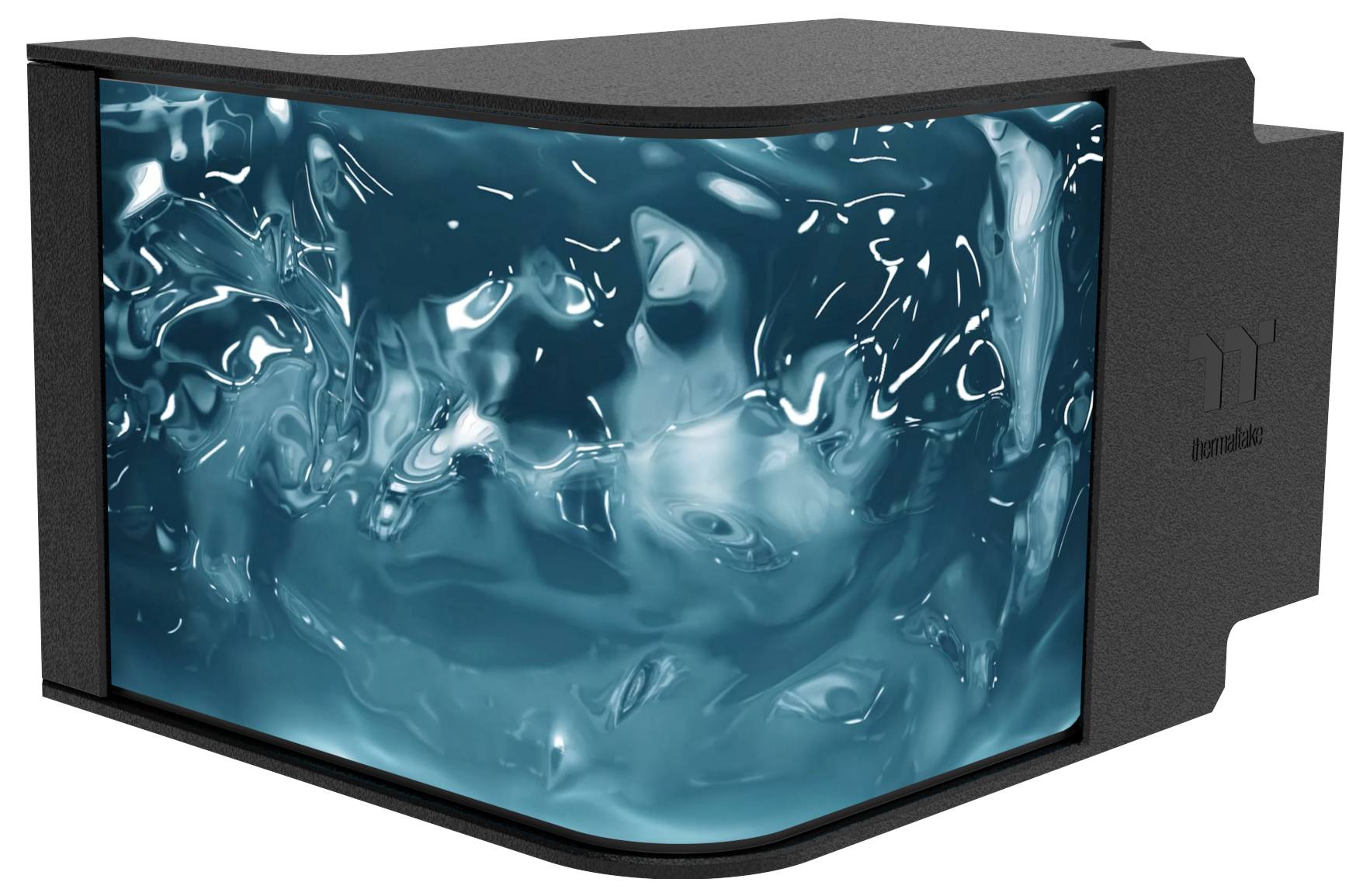 Ein 3D-gerendertes Bild eines Wasserkühlungssystems mit wirbelnder blauer Flüssigkeit in einem transparenten, eckigen Behälter mit schwarzem Rahmen.