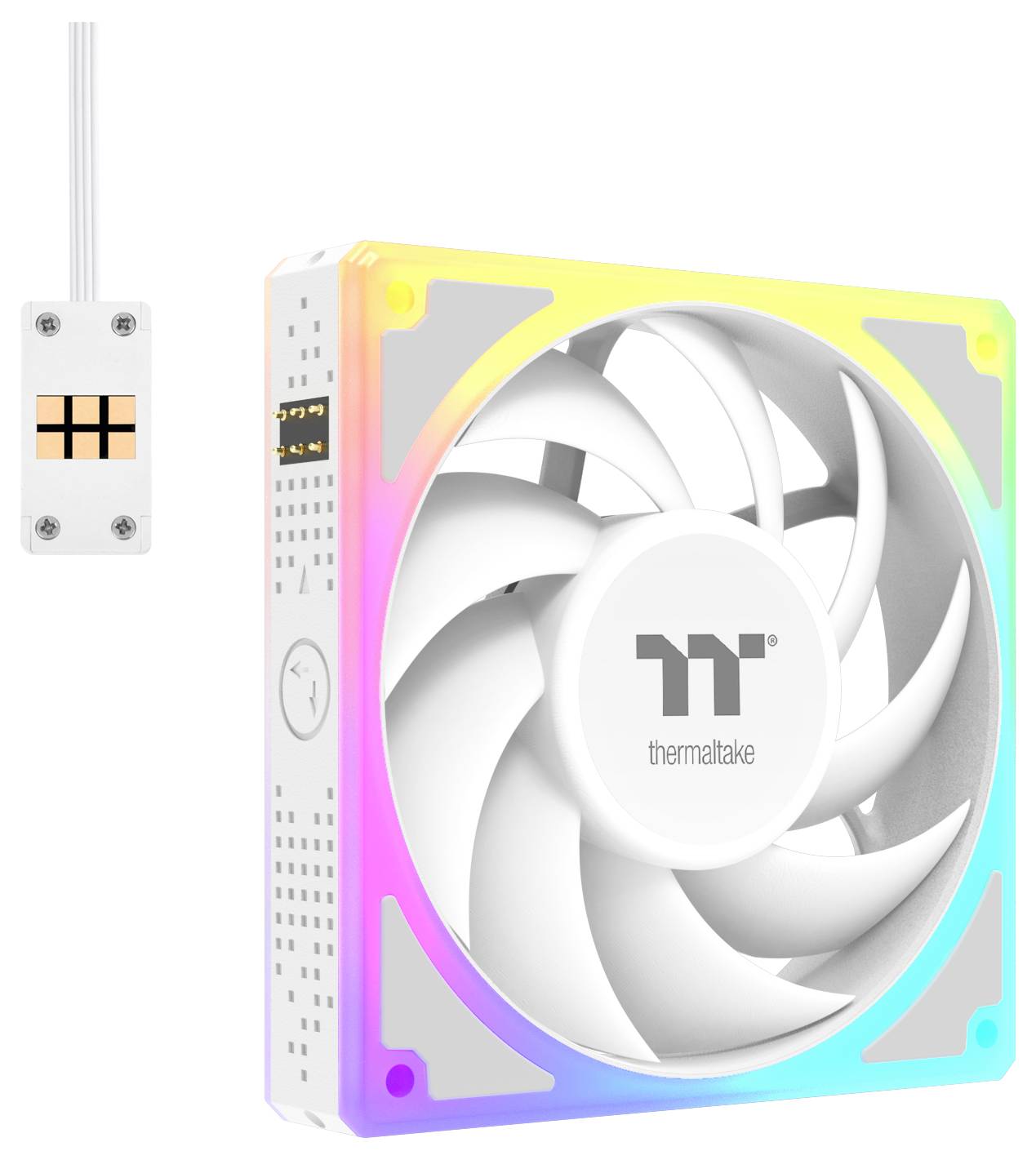 Ein weißer Computerlüfter mit Regenbogen-LED-Beleuchtung, mit der Aufschrift 