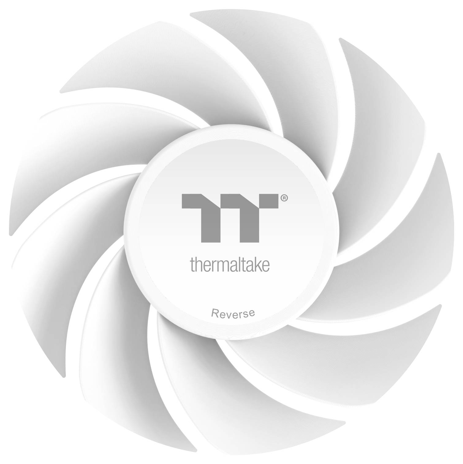 Ein weißer Kühllüfter mit neun Rotorblättern, der das Thermaltake-Logo in der Mitte trägt, mit der Bezeichnung ‚thermaltake Reverse'.