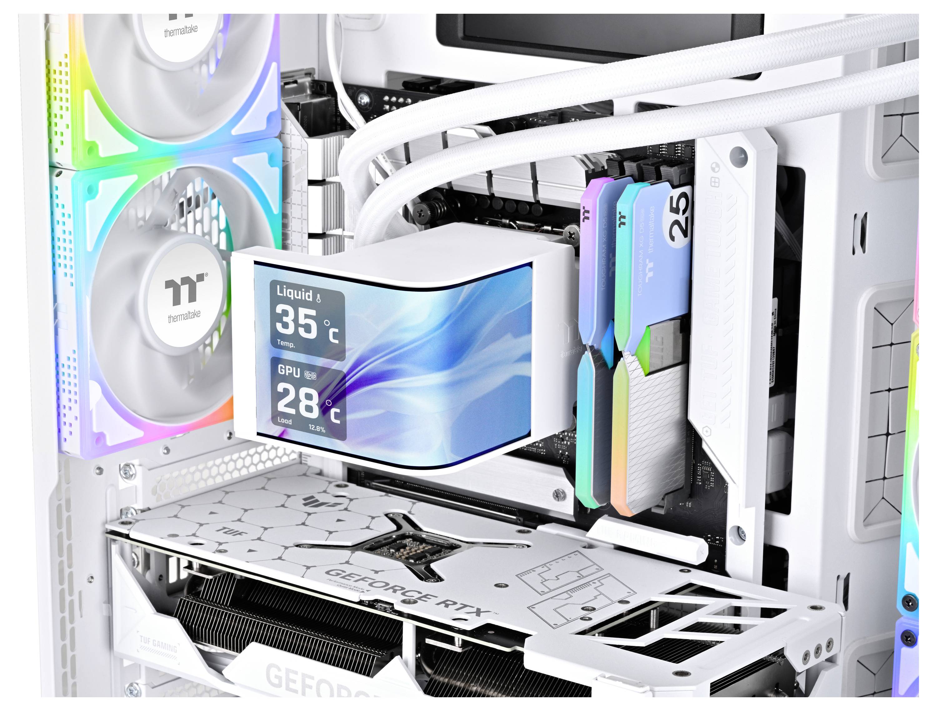 Das Computerinnere mit zwei Ventilatoren mit RGB-Beleuchtung, einer Temperaturanzeige, die eine Flüssigkeit bei 35°C und eine GPU bei 28°C zeigt.