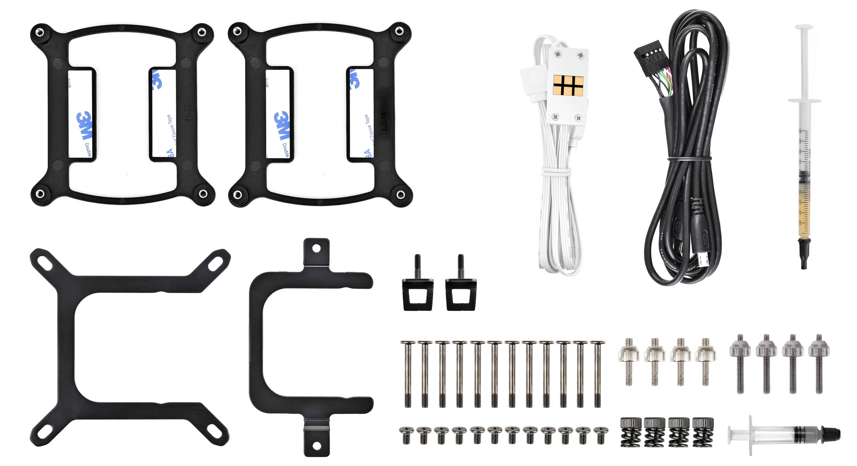 Computer-Hardware-Installationsset inklusive Halterungen, Schrauben, Kabeln und Wärmeleitpasta-Spritze. Komponenten für den CPU-Kühlungsaufbau.