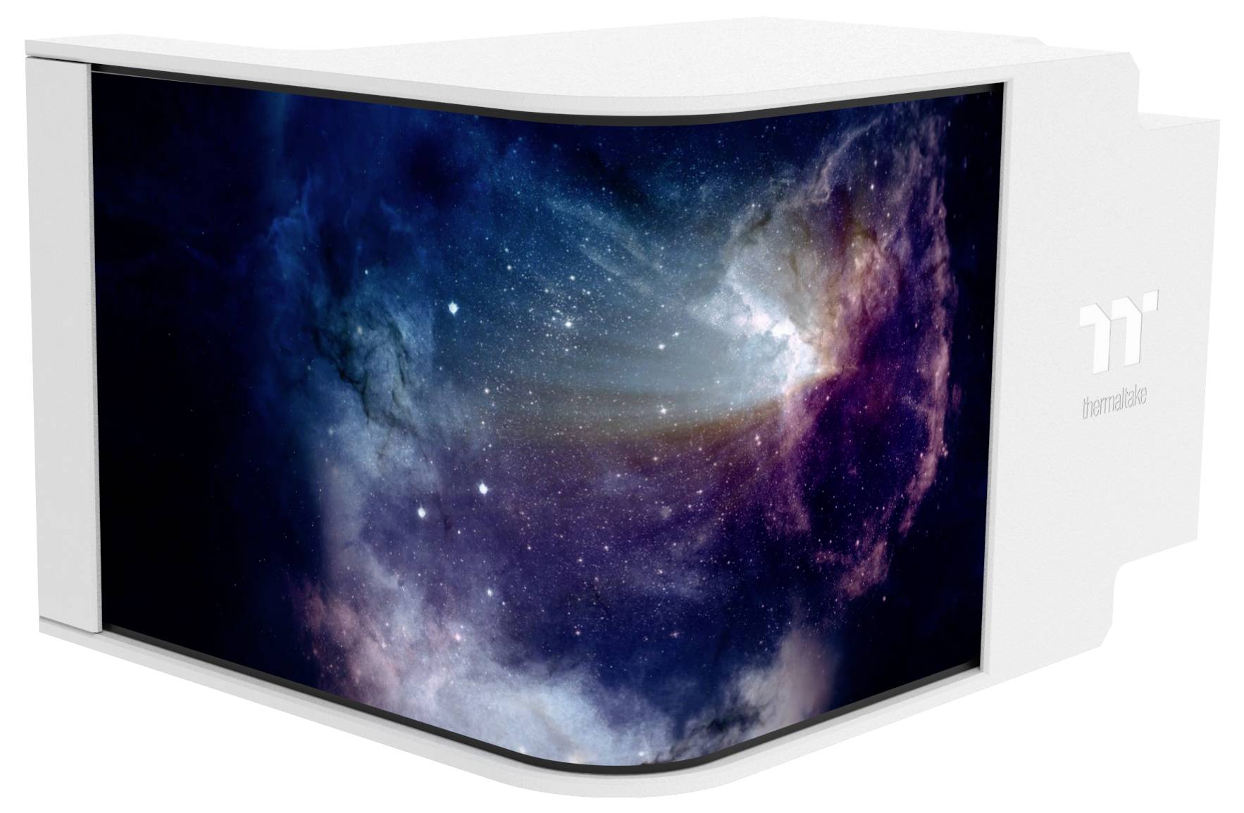 Ein weißes rechteckiges Gerät, das eine farbenfrohe kosmische Szene mit Sternen und Nebeln auf seinem gebogenen Bildschirm zeigt.