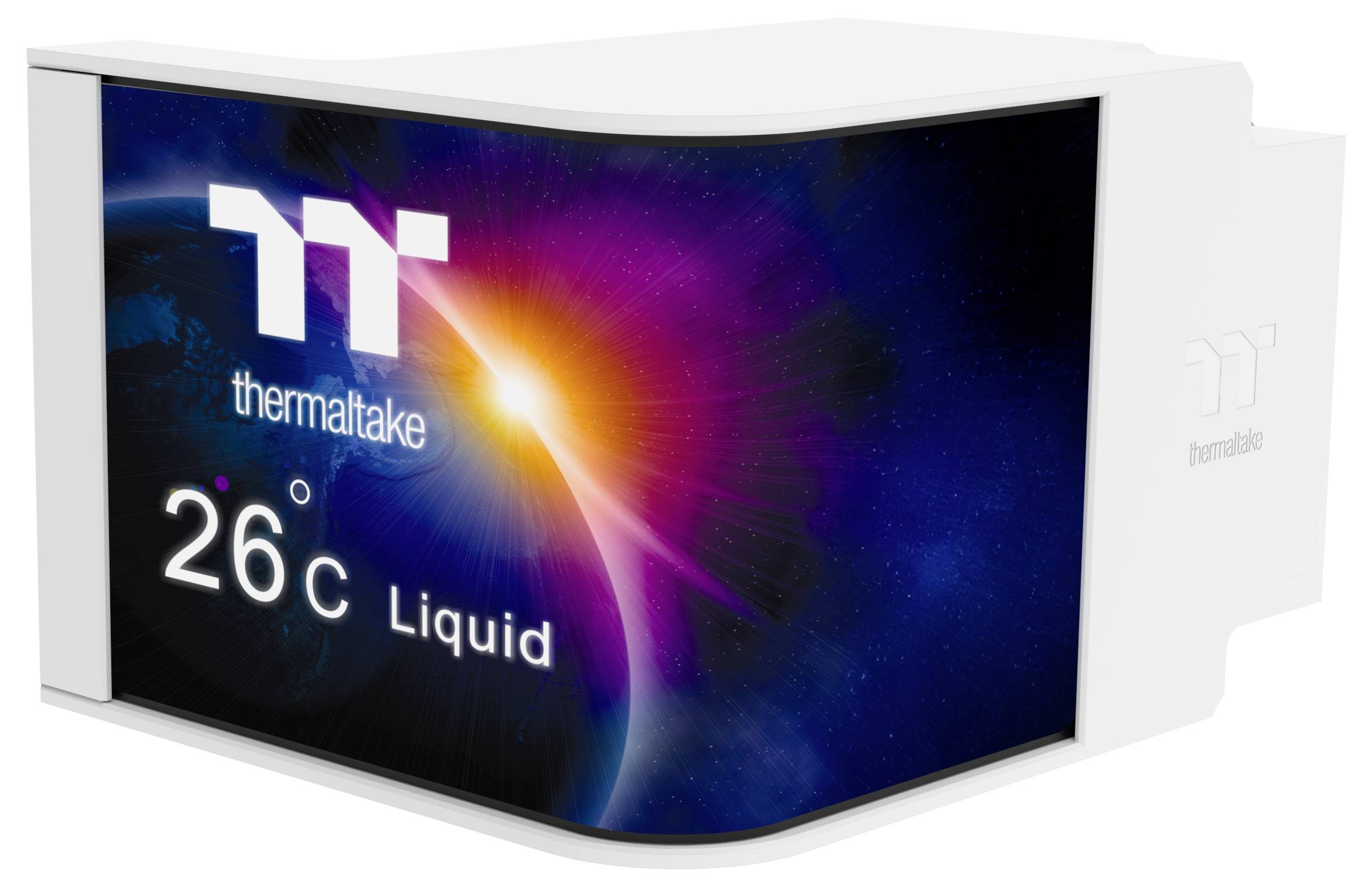 Thermaltake LCD-Panel zeigt '26°C Flüssigkeit' mit einem farbenfrohen kosmischen Hintergrund, der Markenlogo und Temperaturinformationen präsentiert.