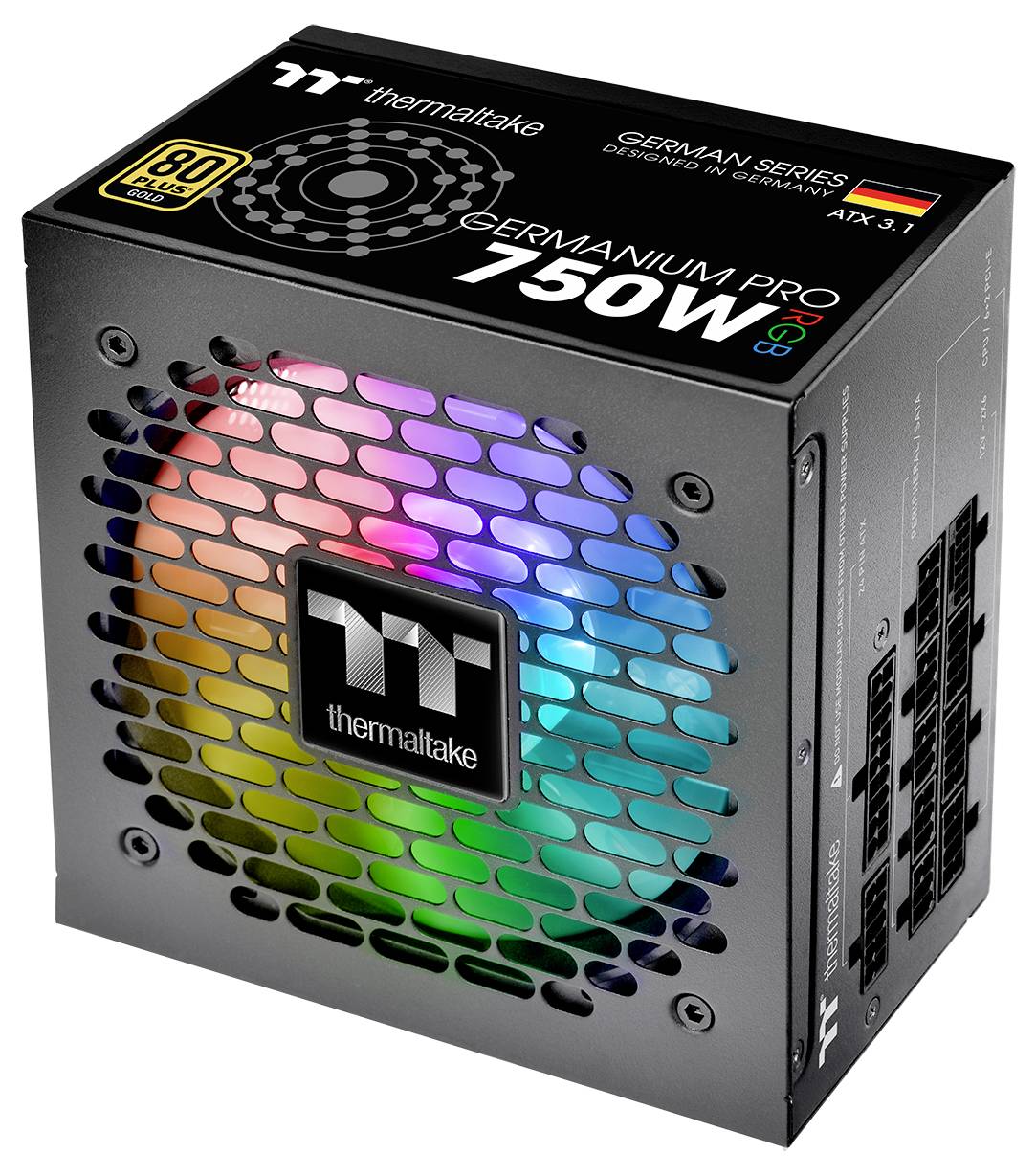 'Thermaltake PS-GRM-0750FNFAGE-1 Toughpower GF3 750W ATX 3.0 & PCIe Gen 5.0 Ready Netzteil' mit RGB-Beleuchtung.