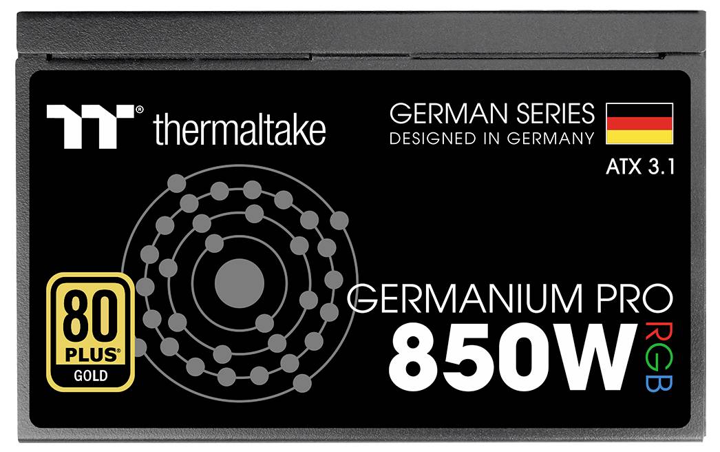 'Germanium Pro 850W RGB' Netzteil in Schwarz, Teil der deutschen Reihe von Thermaltake, 80 Plus Gold zertifiziert, ATX 3.1 kompatibel.