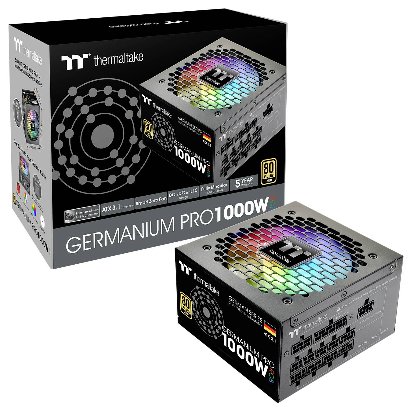 Bild eines Thermaltake Germanium PRO 1000W-Netzteils mit RGB-Beleuchtung und Verpackungskarton, der Schlüsselmerkmale wie die 80 PLUS Platinum-Zertifizierung zeigt.