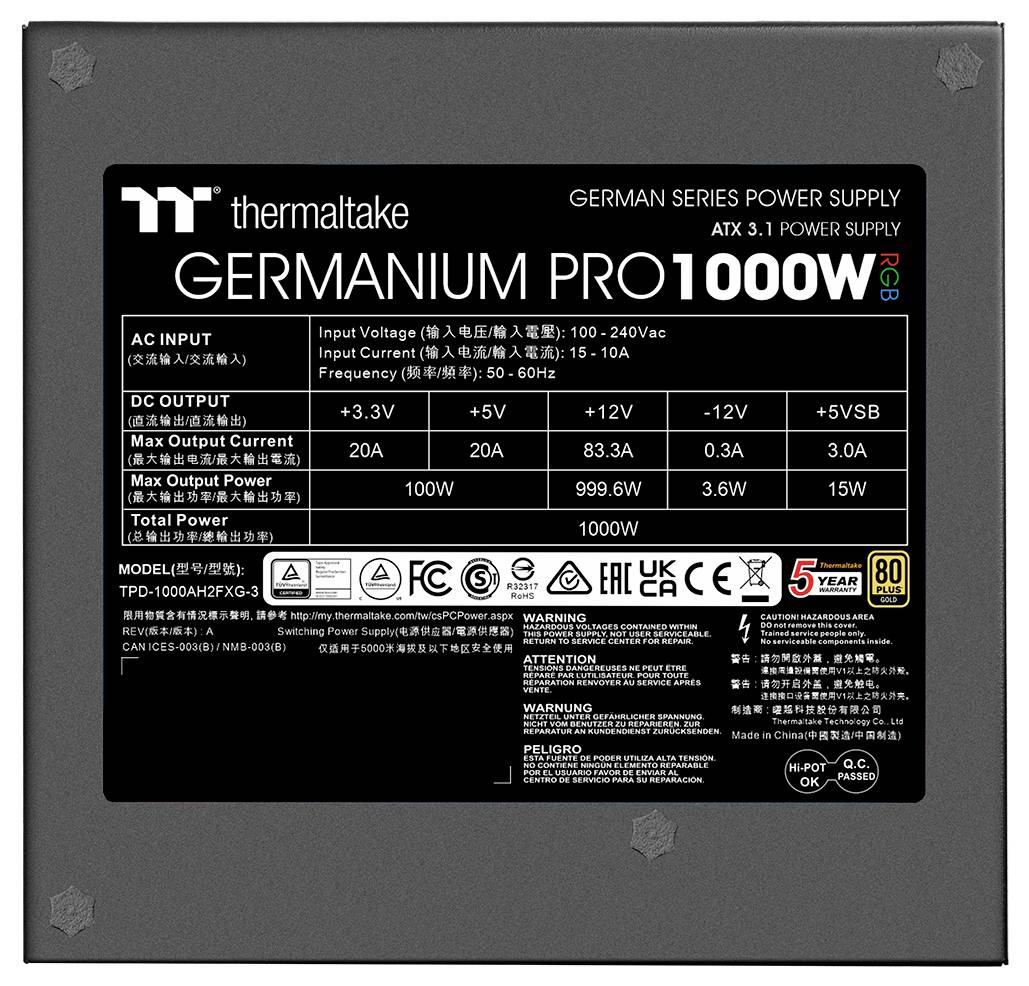 Germanium Pro 1000W Netzteil Etikett: AC Eingangsspannung 100-240V, DC Ausgangsspannung 12V, 5V, 3.3V. Maximaler Ausgangsstrom: 83,3A, 25A, 20A. Gesamtleistung 1000W.
