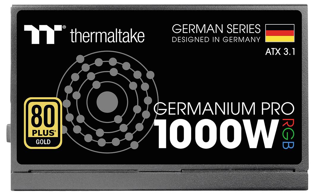 Netzteil mit Aufschrift: 'Thermaltake Germanium Pro 1000W RGB', mit 80 Plus Gold Zertifizierung, in Deutschland entwickelt.