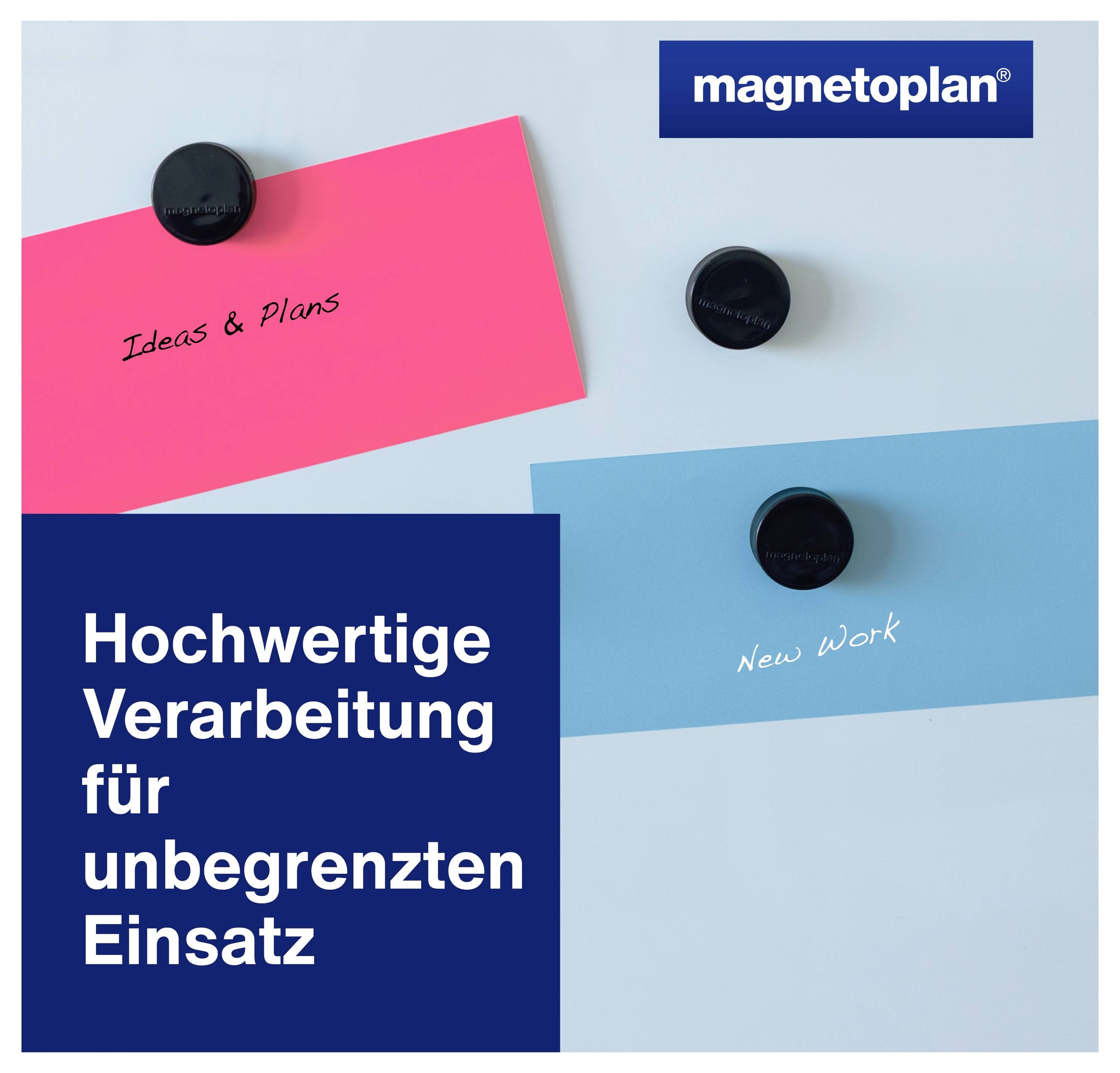 Eine rosa und eine blaue Notiz, die von Magneten an einer Tafel befestigt sind, mit den Beschriftungen 