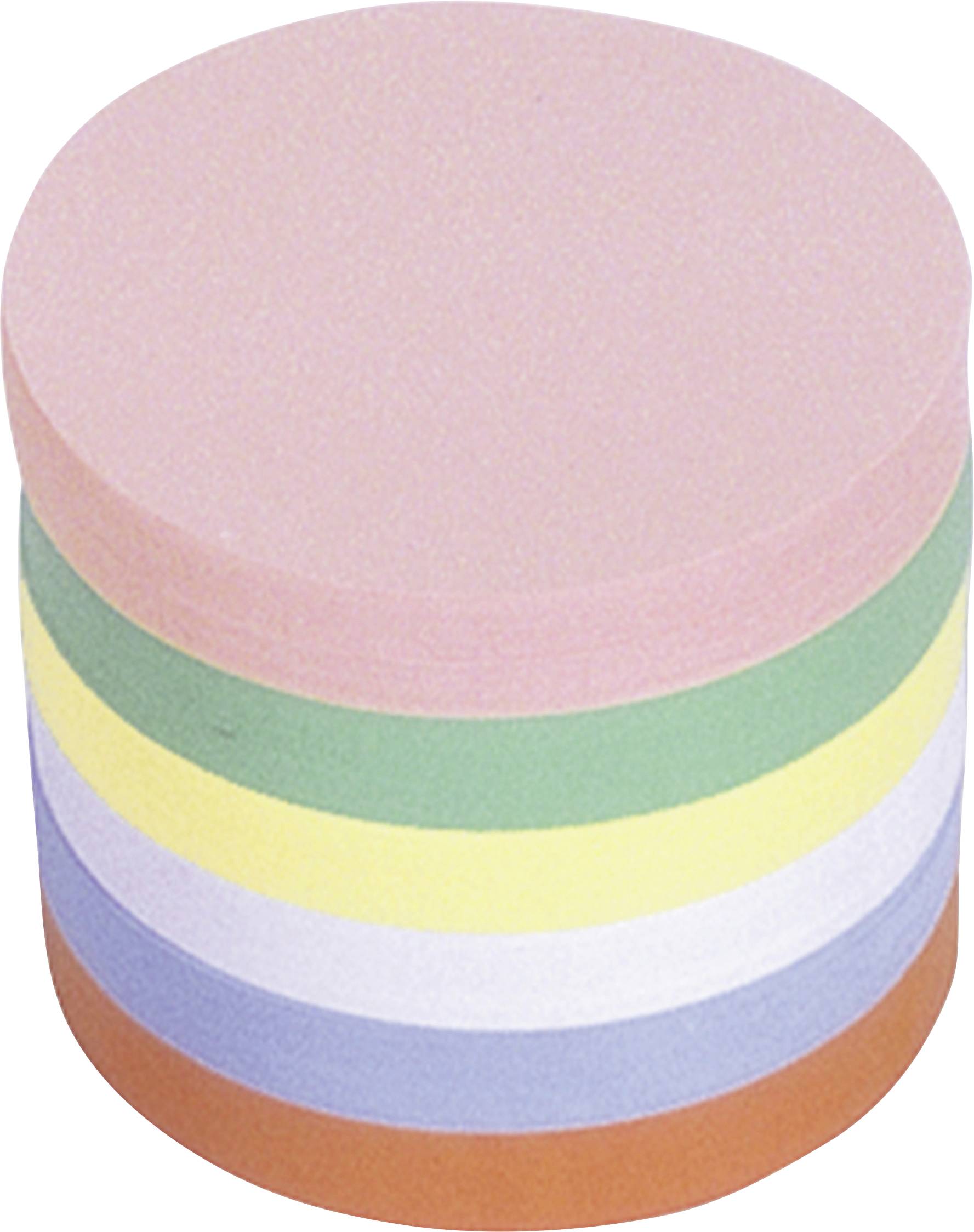 Runder Stapel von sieben mehrfarbigen Schaumstoffblöcken, vertikal angeordnet; die Farben umfassen Rosa, Grün, Gelb, Blau und Orange.