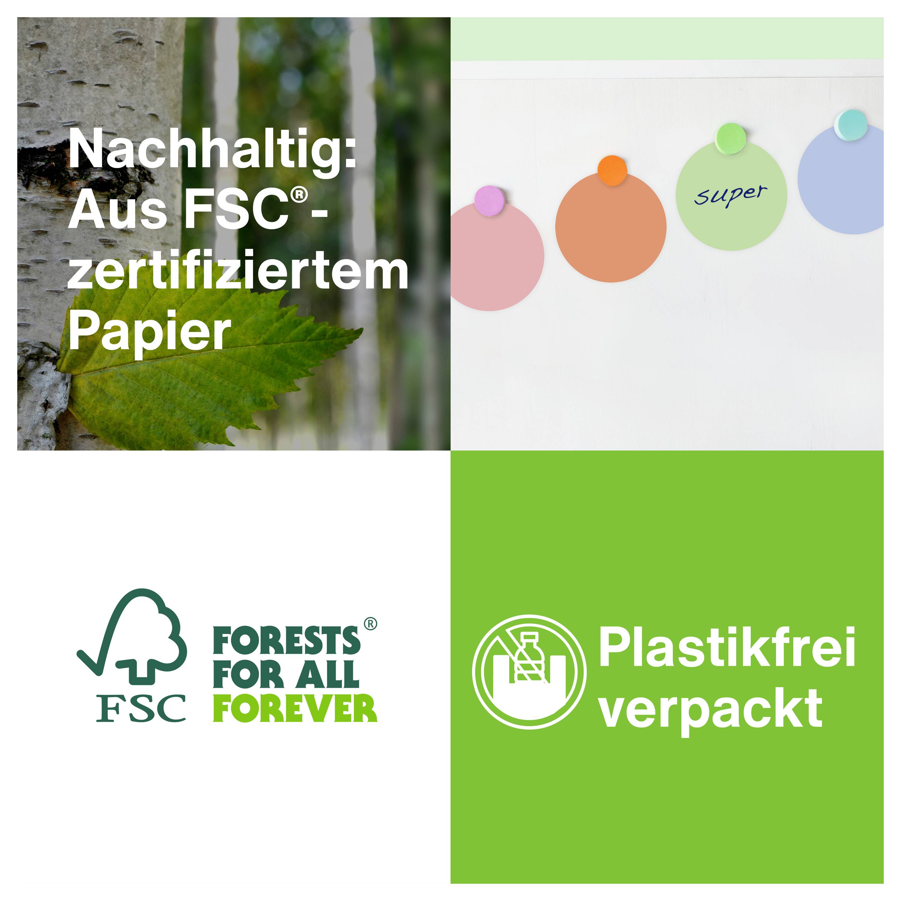 Der Bildausschnitt zeigt einen Baumstamm mit einem Blatt und Text auf Deutsch: „Nachhaltig: Aus FSC-zertifiziertem Papier