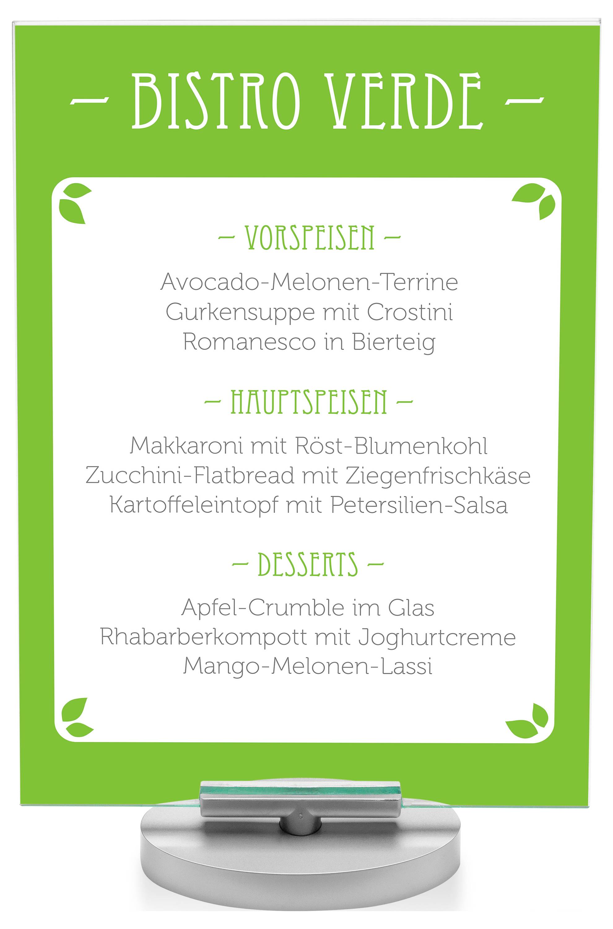 Menu for 'Bistro Verde' featuring Vorspeisen (starters), Hauptspeisen (main courses), and Desserts, listing various dish options.