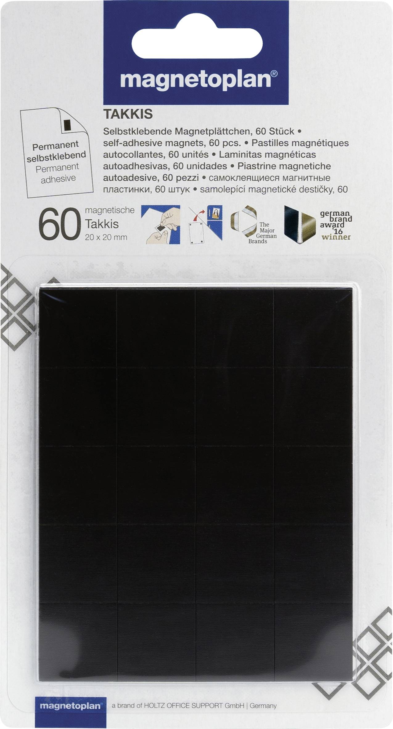 Packung mit 'Takkis' Selbstklebemagneten von Magnetoplan, enthält 60 schwarze, quadratische Magnete. Text auf der Verpackung in mehreren Sprachen.