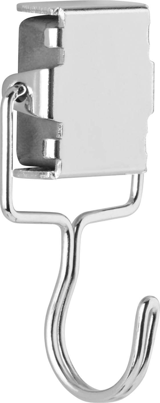 Ein Metallhaken mit einem rechteckigen oberen Abschnitt und einer gekrümmten Basis, der zum Aufhängen von Gegenständen verwendet wird.