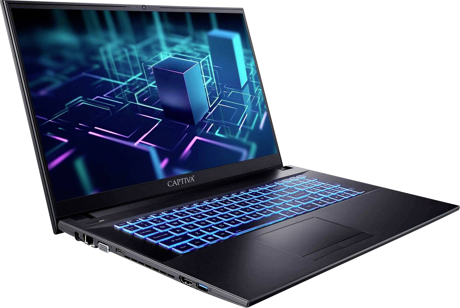 Ein Laptop mit blau hinterleuchtetem Tastatur, der eine 3D-digitale Matrix auf dem Bildschirm anzeigt. Der Markenname 'CAPTIVA' ist unterhalb des Bildschirms sichtbar.