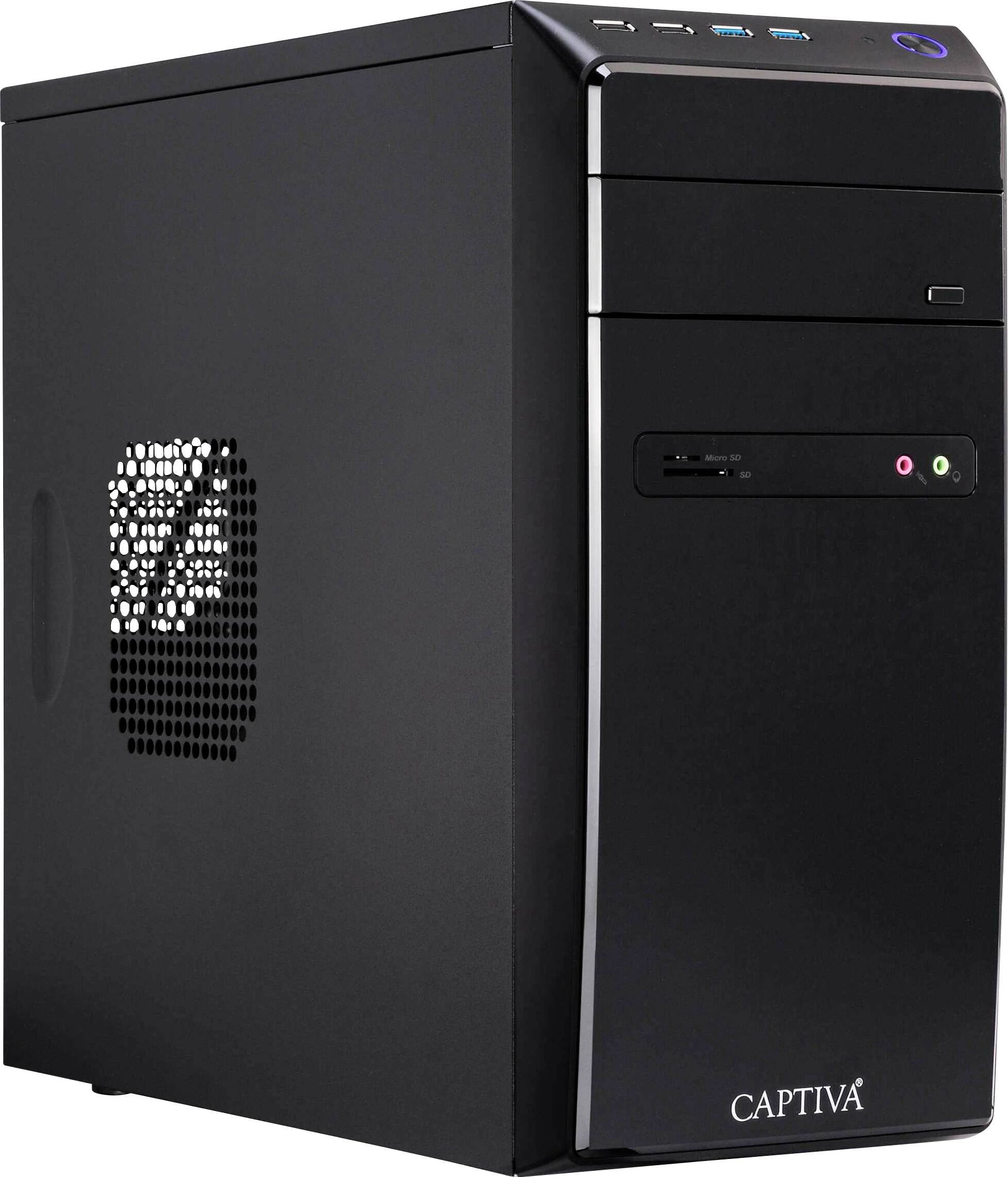 Ein schwarzer Computer-Tower mit DVD-Laufwerk, USB-Anschlüssen und CAPTIVA-Logo auf der Vorderseite, vor einem weißen Hintergrund.