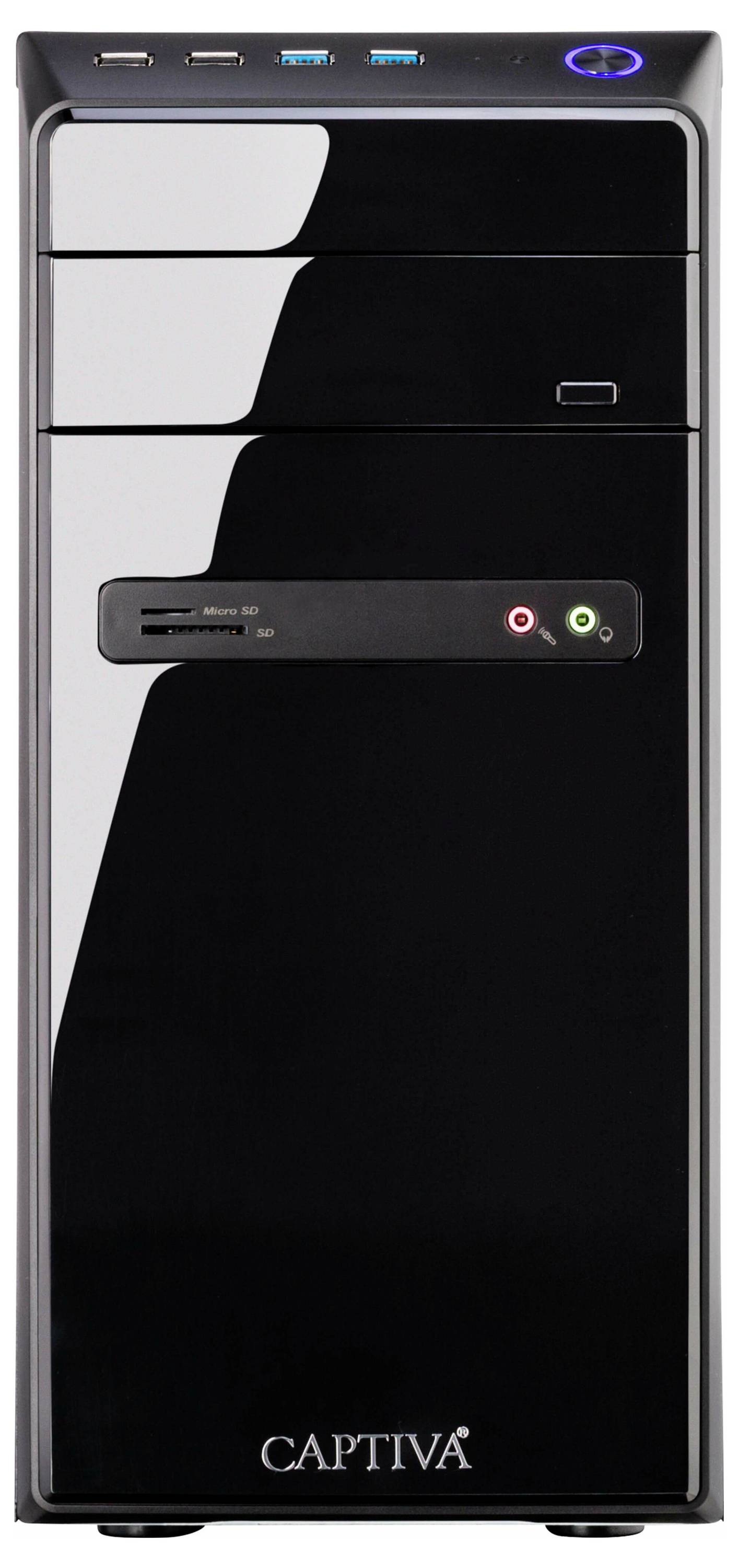 Ein schwarzer Desktop-Computerturm mit USB- und Audioports auf der Oberseite, CD-Laufwerk, Einschaltknopf und 'Captiva'-Logo am unteren Ende.