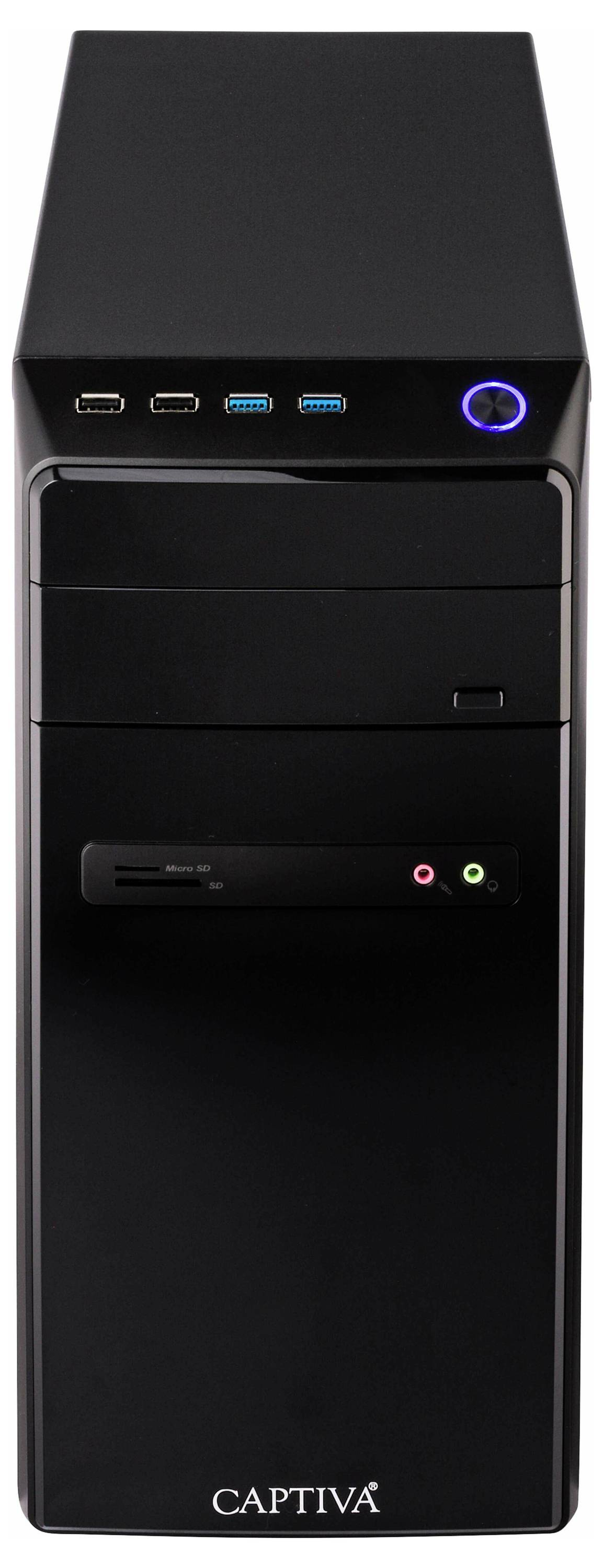 Ein schwarzer Desktop-Computertower mit vorderen USB-Anschlüssen, Einschaltknopf und Audioports. Logo der Marke 'Captiva' am unteren Rand.