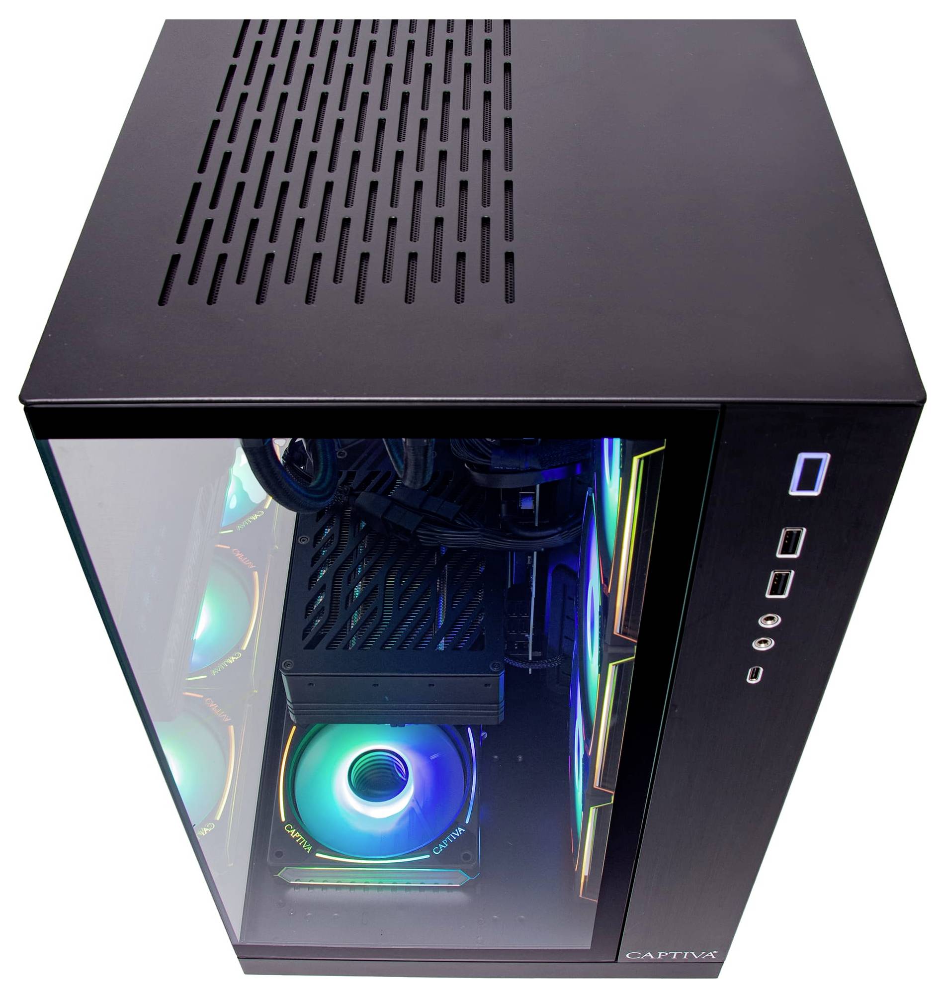 Ein schwarzer Desktop-Computertower mit Seitenscheibe aus Glas offenbart farbenfrohe LED-beleuchtete Kühlventilatoren und interne Komponenten.