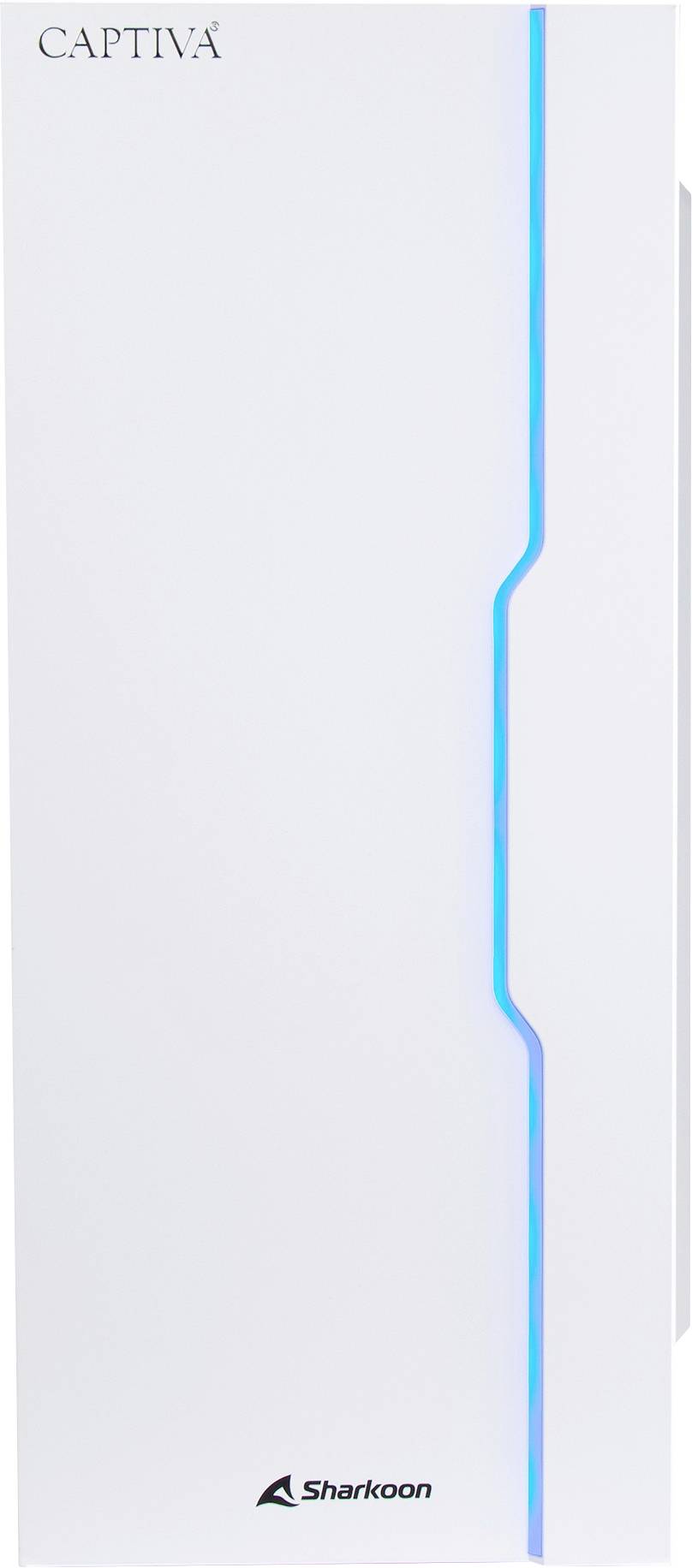 Weißer Computergehäuse mit einem vertikalen blauen LED-Streifen. Links oben und unten befinden sich die Logos: 'Captiva' und 'Sharkoon'.