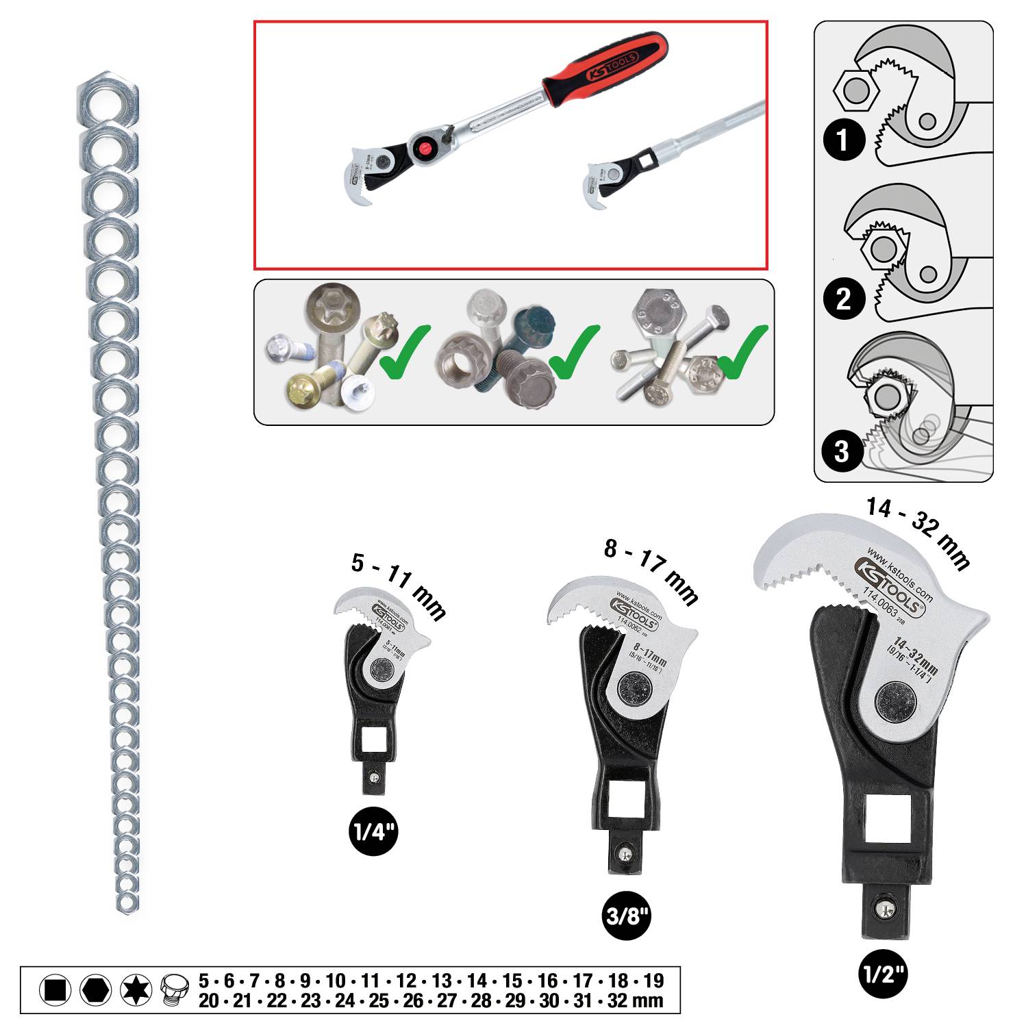Verstellbarer Schraubenschlüsselsatz mit drei verschiedenen Größen (5-11 mm, 8-17 mm, 14-32 mm). Geeignet für verschiedene Schraubentypen, mit Symbolen dargestellt.