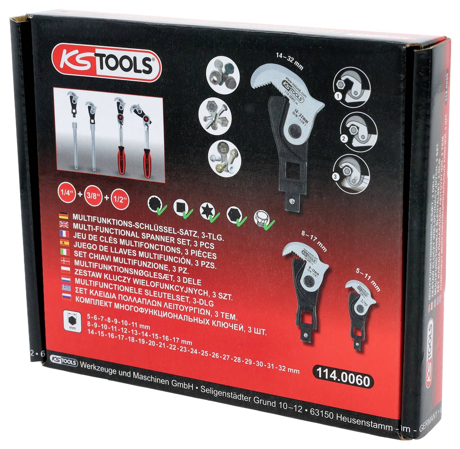 Die Abbildung zeigt eine Werkzeugbox von KS Tools mit Multifunktions-Schraubschlüsseln, Darstellungen von verstellbaren Schraubschlüsseln, verschiedenen Werkzeugköpfen und Größenangaben.