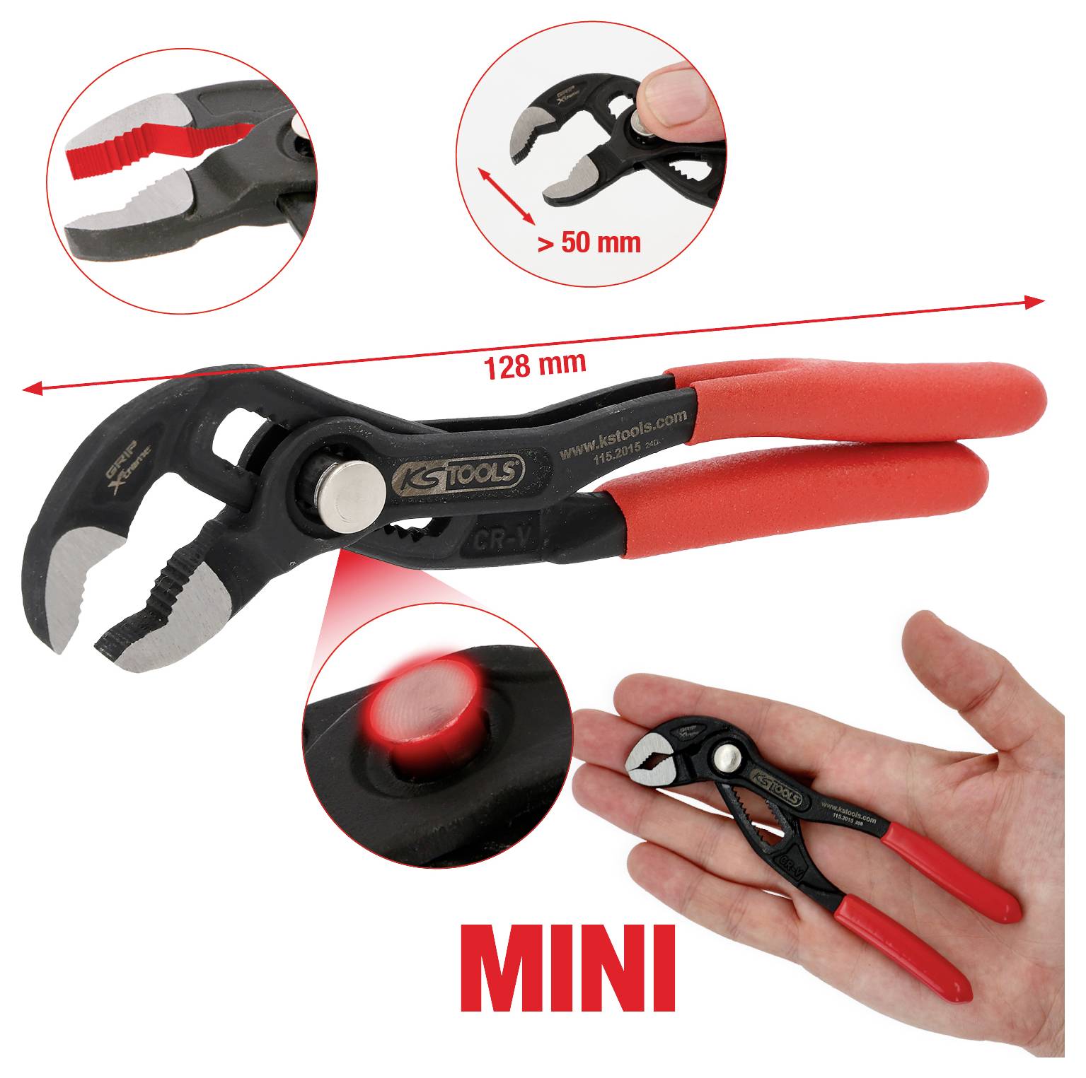Mini-Zange mit roten Griffen, 128 mm lang. Vergrößerte Ansicht zeigt Griffdetail. Mit der Beschriftung 'MINI'. Hand hält Zange zum Größenvergleich.