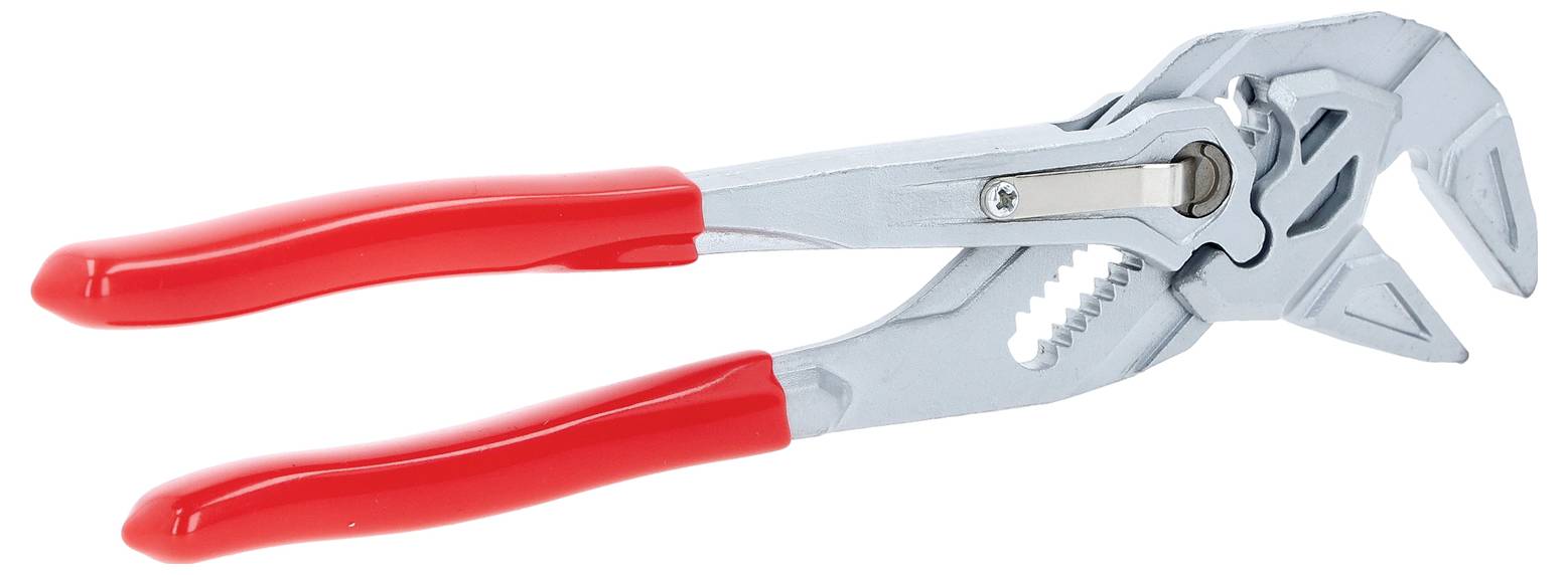 Silberne verstellbare Zange mit roten Gummigriffschalen auf weißem Hintergrund.