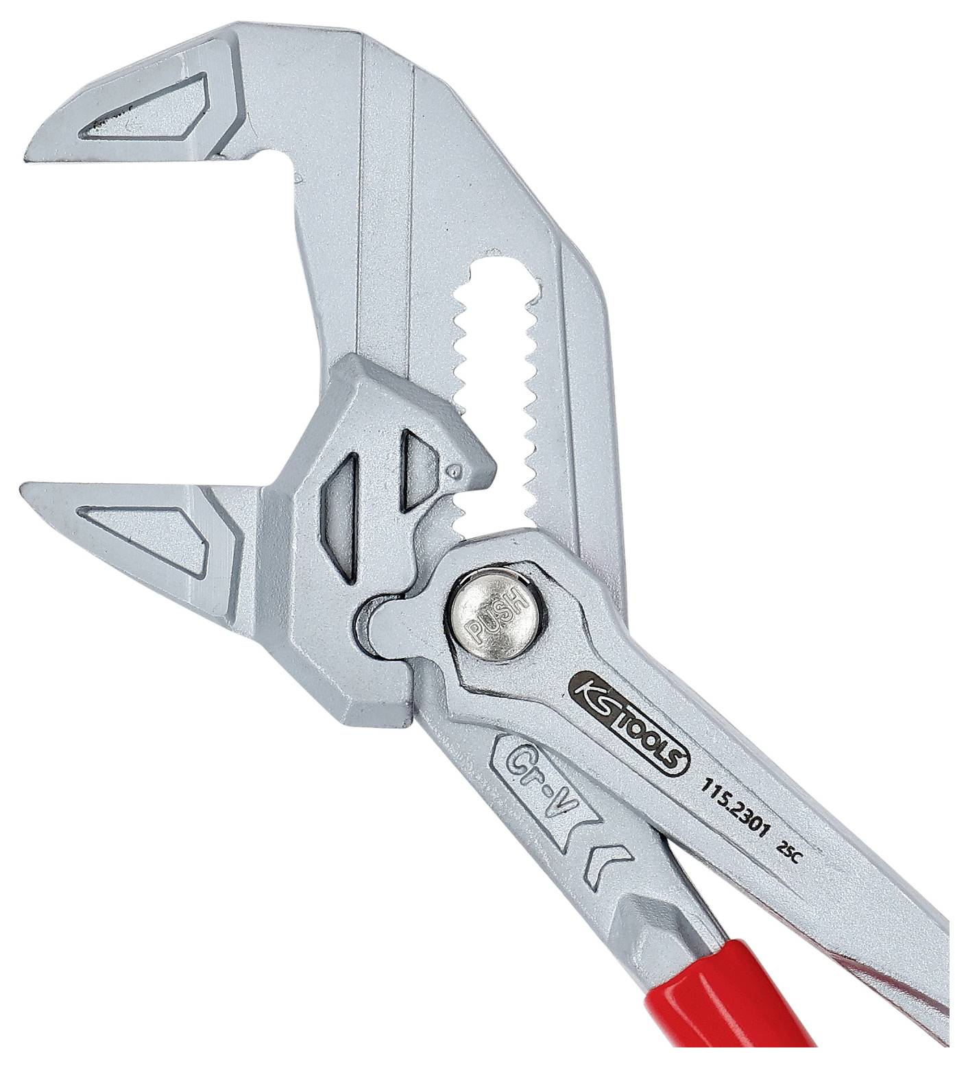 Verstellbarer Schraubenschlüssel mit silberfarbenem Metallkopf und roten Griffen, ausgestattet mit einer strukturierten Griffoberfläche und beschriftet mit 'KS Tools' und 'Cr-V 115.2801'.