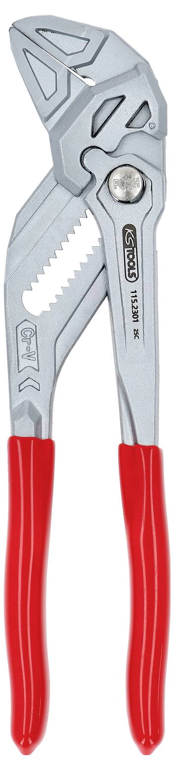 Silberne verstellbare Zange mit roten, gummierten Griffen.