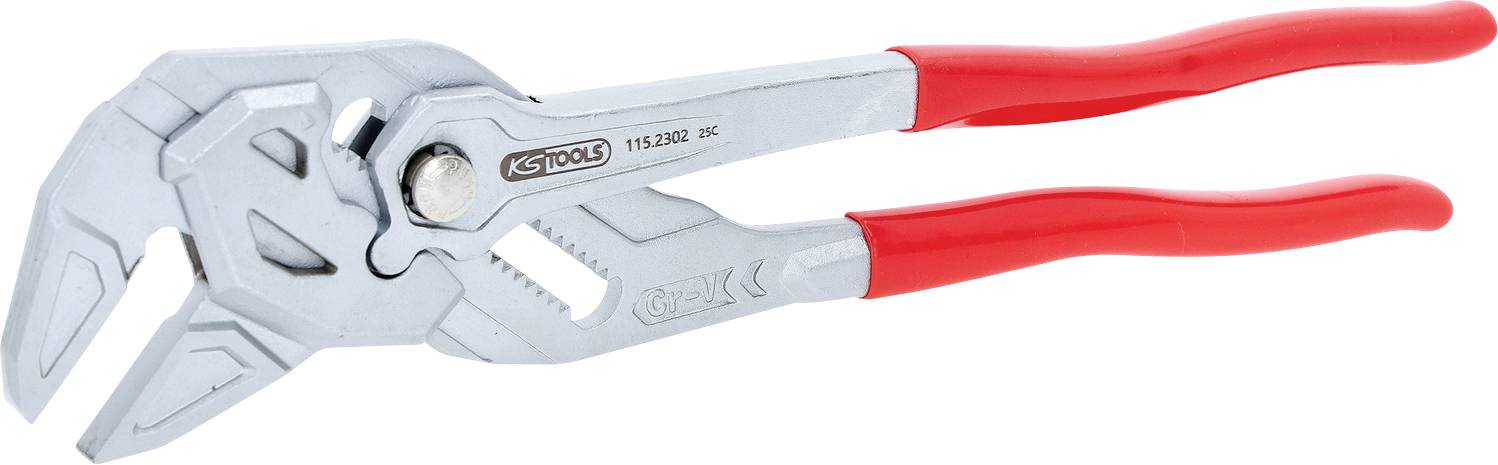 Silberne verstellbare Zange mit roten Griffen, entwickelt zum Greifen von Objekten verschiedener Größen. Hergestellt von KS Tools, Modellnummer 115.2022.