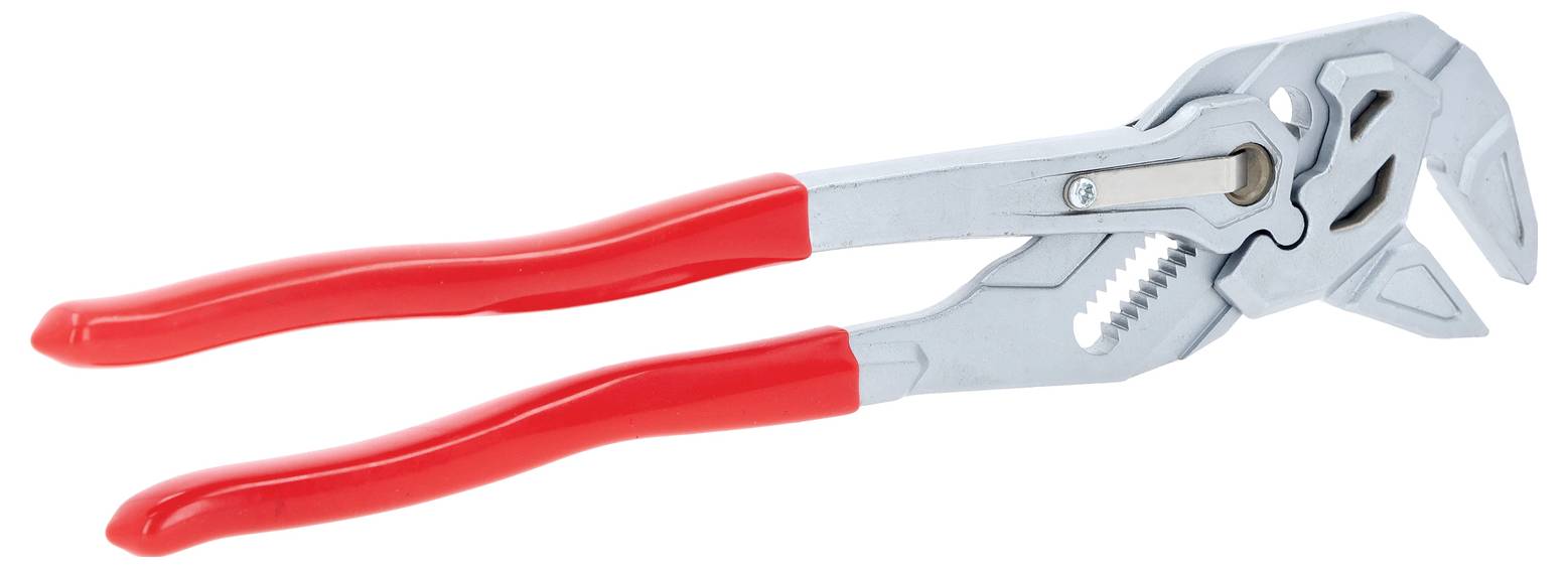 Ein Paar verstellbare Zangen mit roten Griffen, entwickelt zum Greifen und Drehen von Objekten unterschiedlicher Größen.