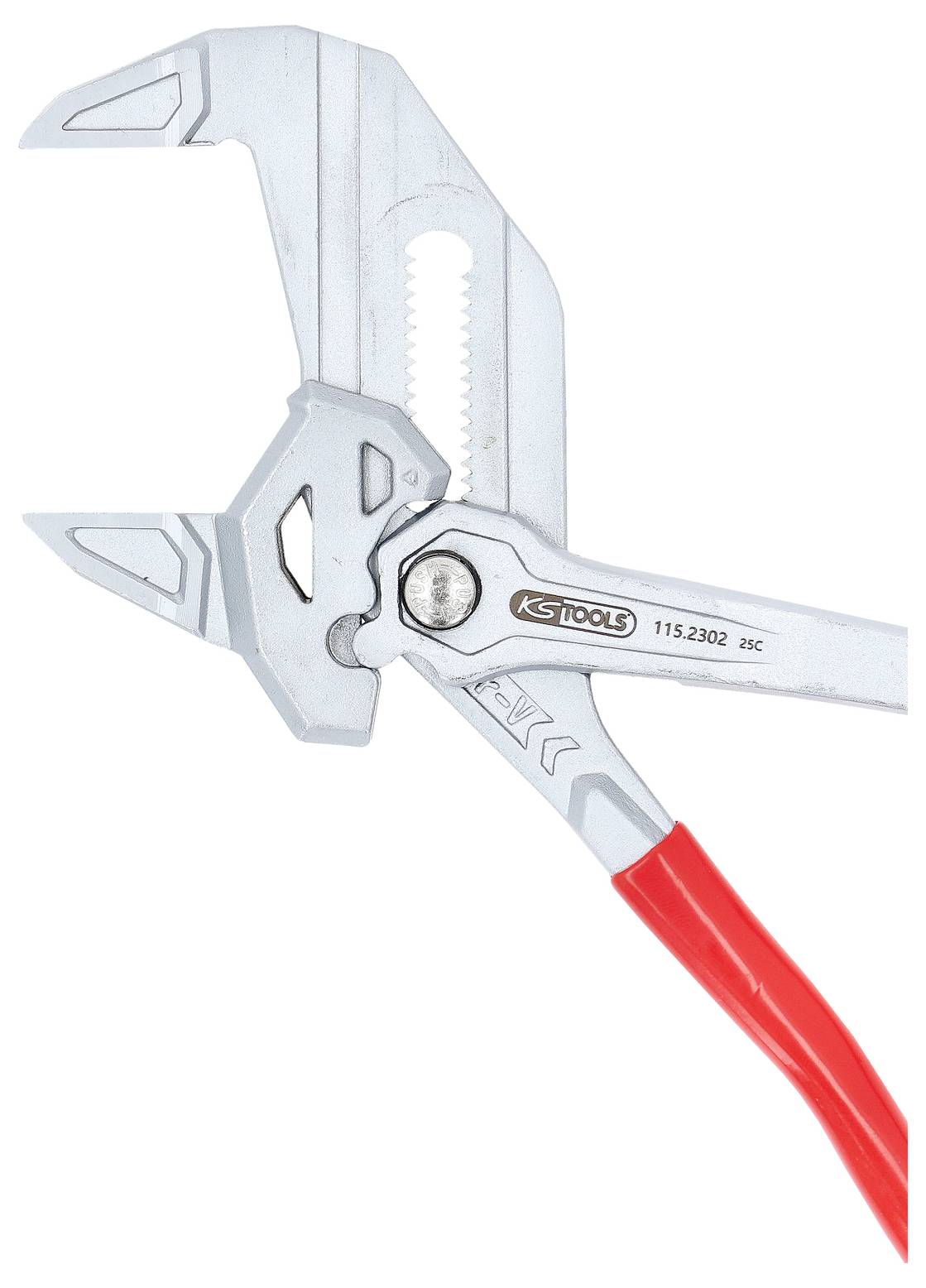 Verstellbare Zange mit breitem Maul und roten Griffen, entwickelt zum Greifen und Drehen verschiedener Befestigungsgrößen.