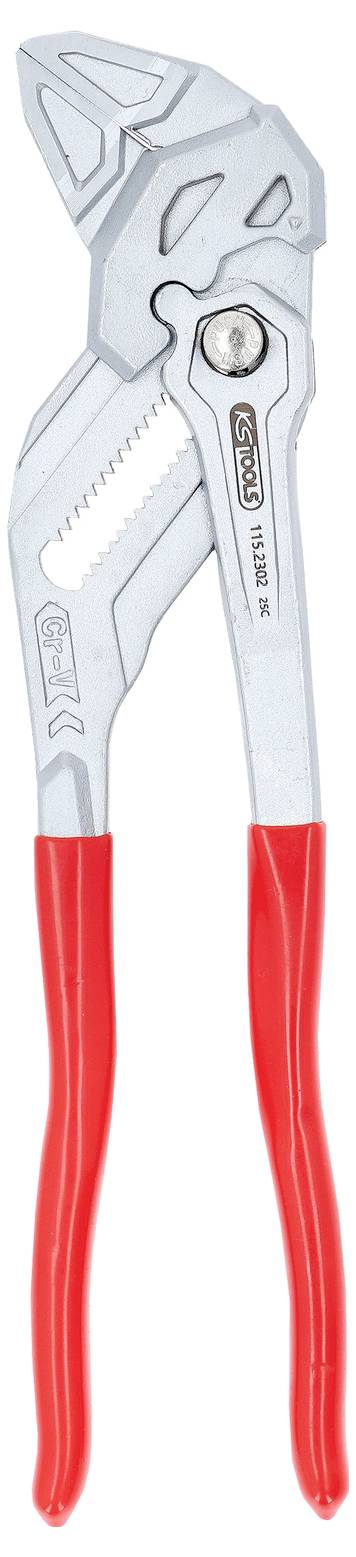 Silberne verstellbare Zange mit roten Griffen, ausgestattet mit gesägten Backen zum Greifen, vor einem einfarbigen Hintergrund abgebildet.