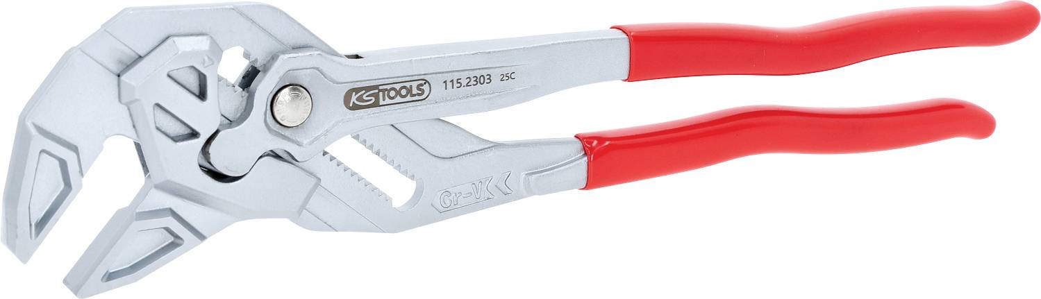 Wasserpumpenzange mit roten Griffen, silbernen Metallbacken und verstellbarer Breite, verwendet zum Greifen und Drehen von Gegenständen.